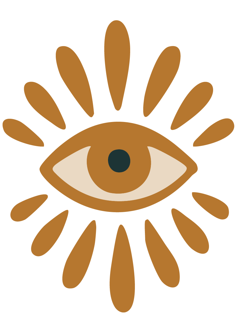 Stylized illustration of an eye with a brown iris, surrounded by brown tear-drop shapes on a black background.
