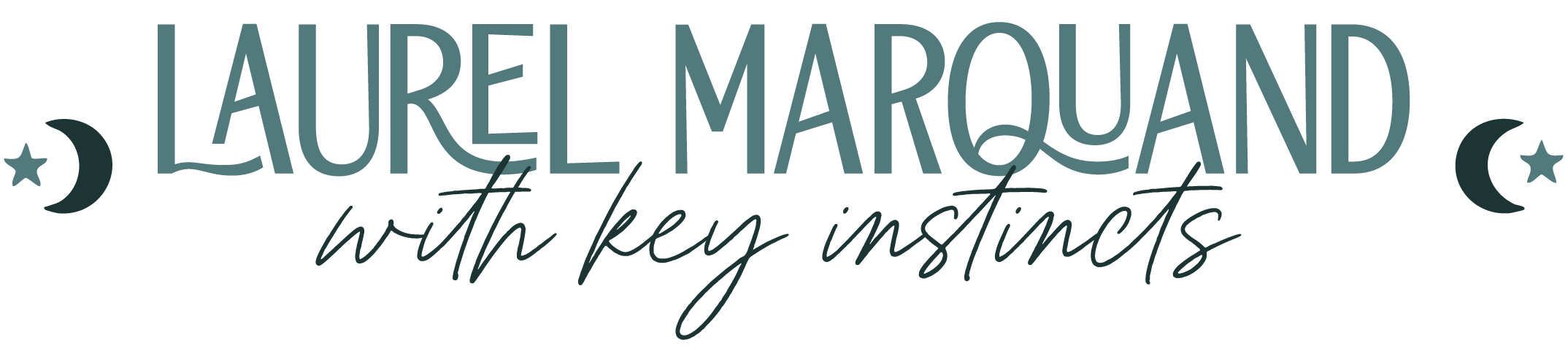 Logo for 'Laurel Marquand with key instincts' with moon and star symbols on each side.