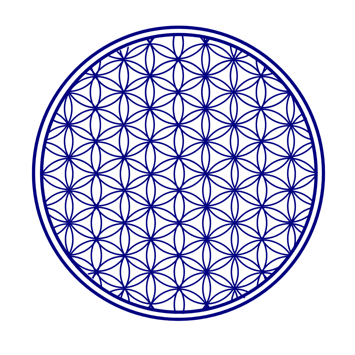 Blue geometric pattern of interconnected circles forming a flower of life design inside a circle on a white background.