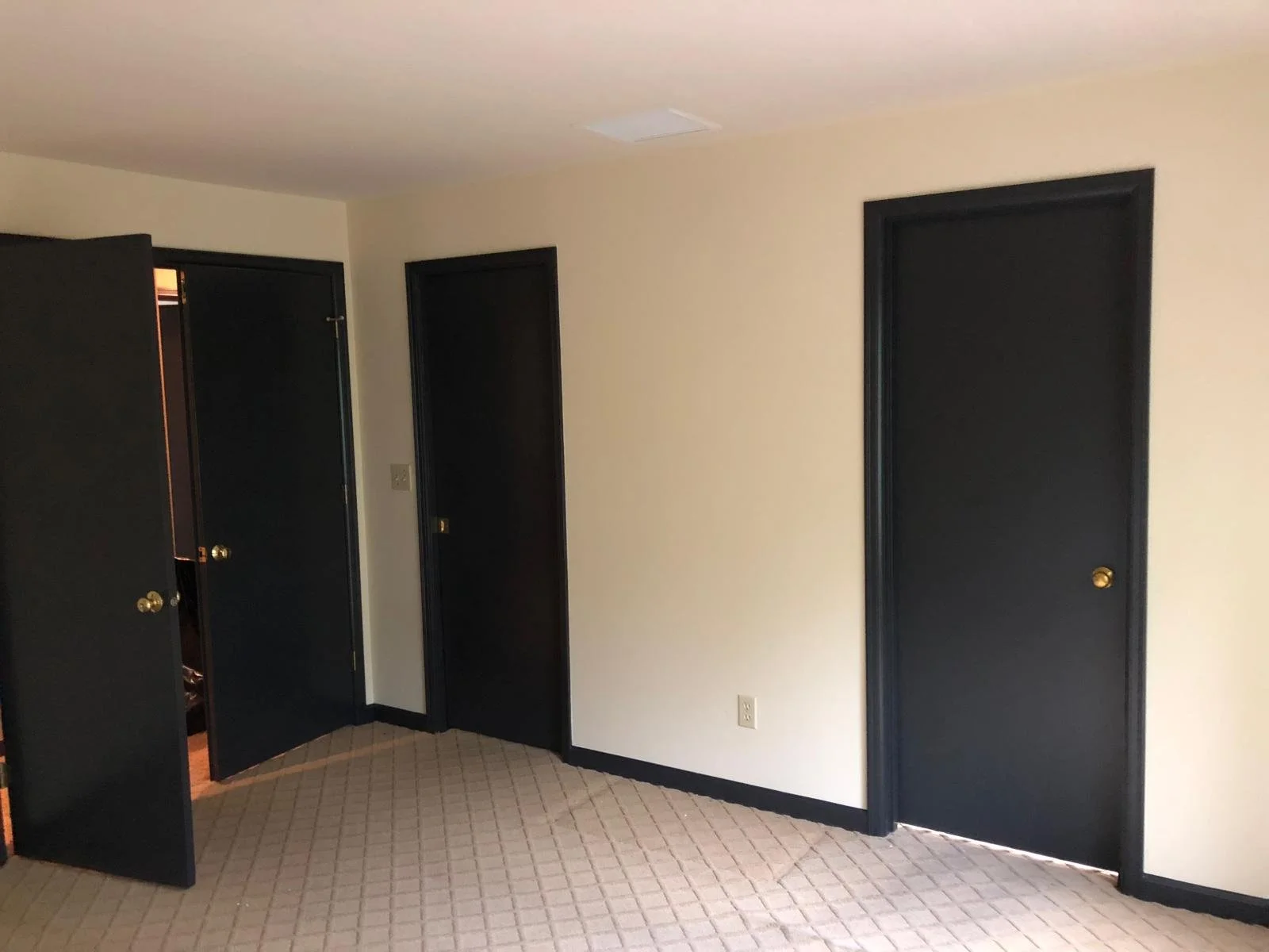Empty room with beige carpet, white walls, black doors, and gold doorknobs, with a ceiling vent visible.