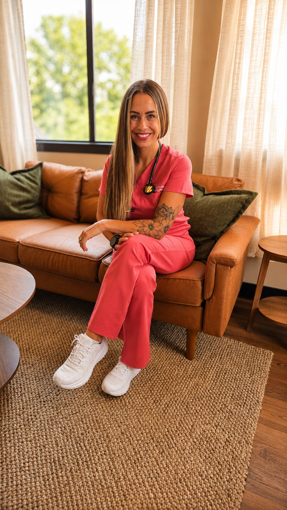 A woman in pink medical scrubs sitting on a brown leather couch in a well-lit room with large windows, beige curtains, and green pillows, smiling at the camera.