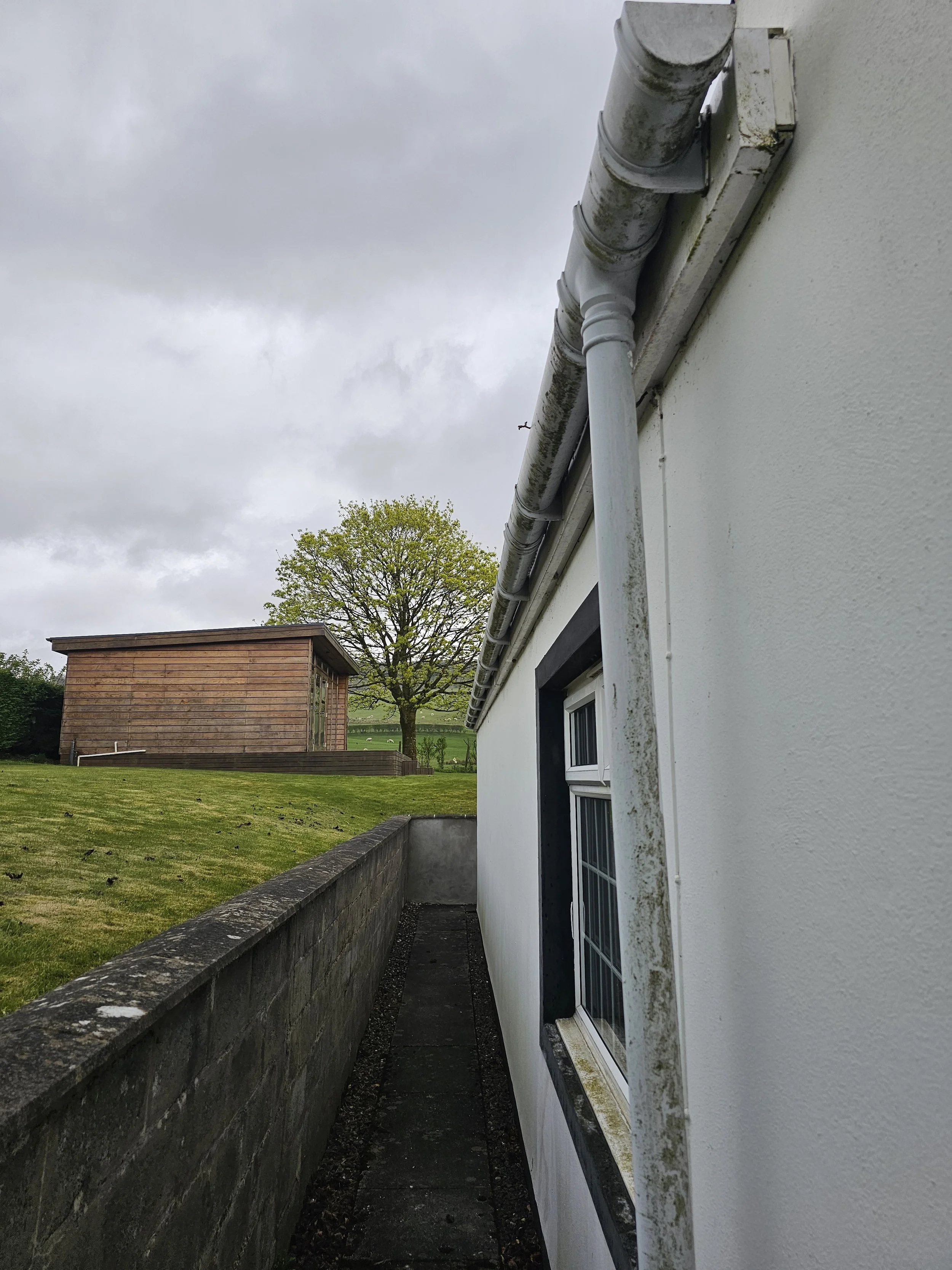 The side of a white house with a gutter and downspout. A small space between the house and a stone wall, with a window on the house. In the background, a wooden shed and a grassy yard with a tree.