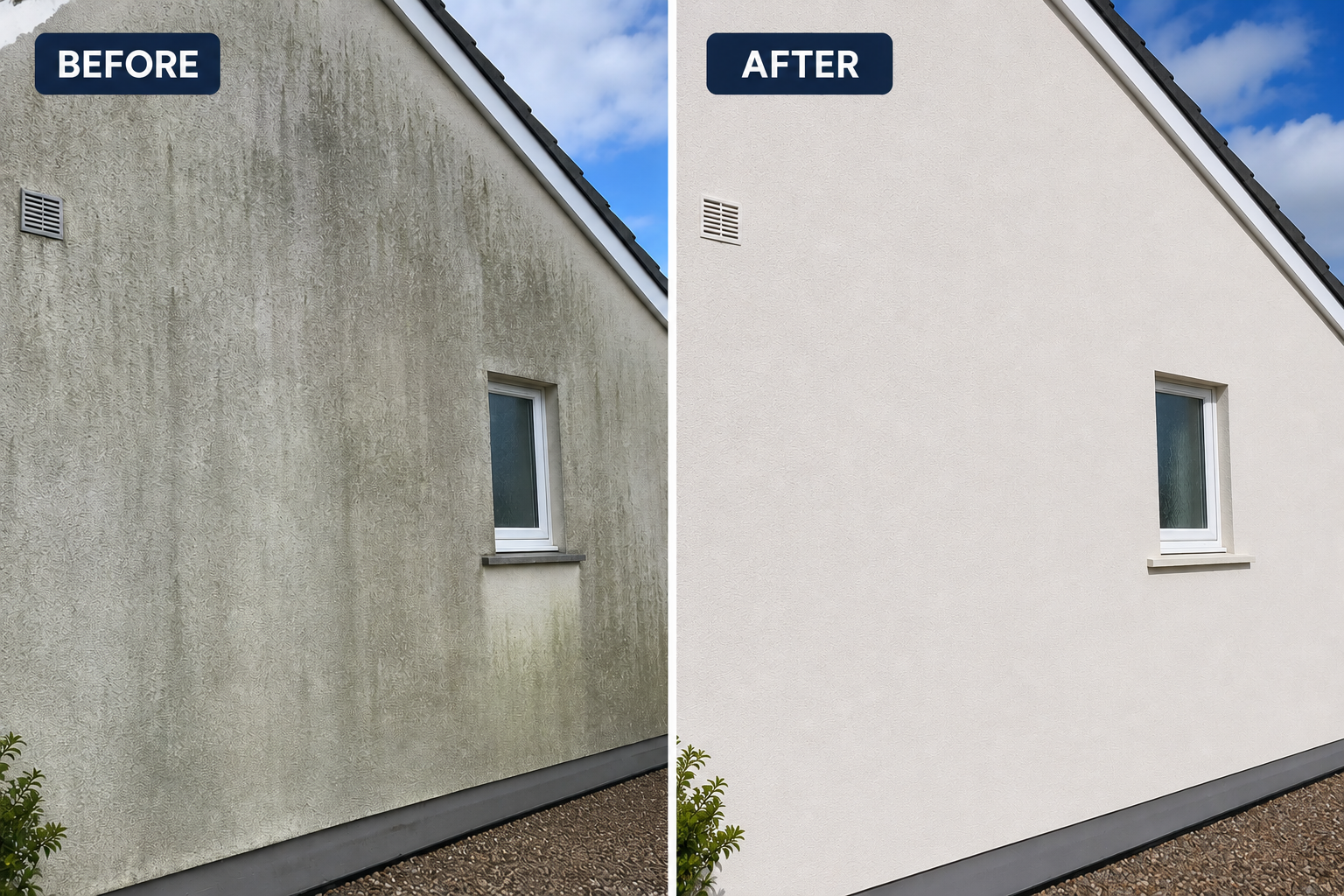 Comparison of a house exterior before and after cleaning: left side shows a dirty, stains-covered wall; right side shows a clean, freshly painted wall with a window.