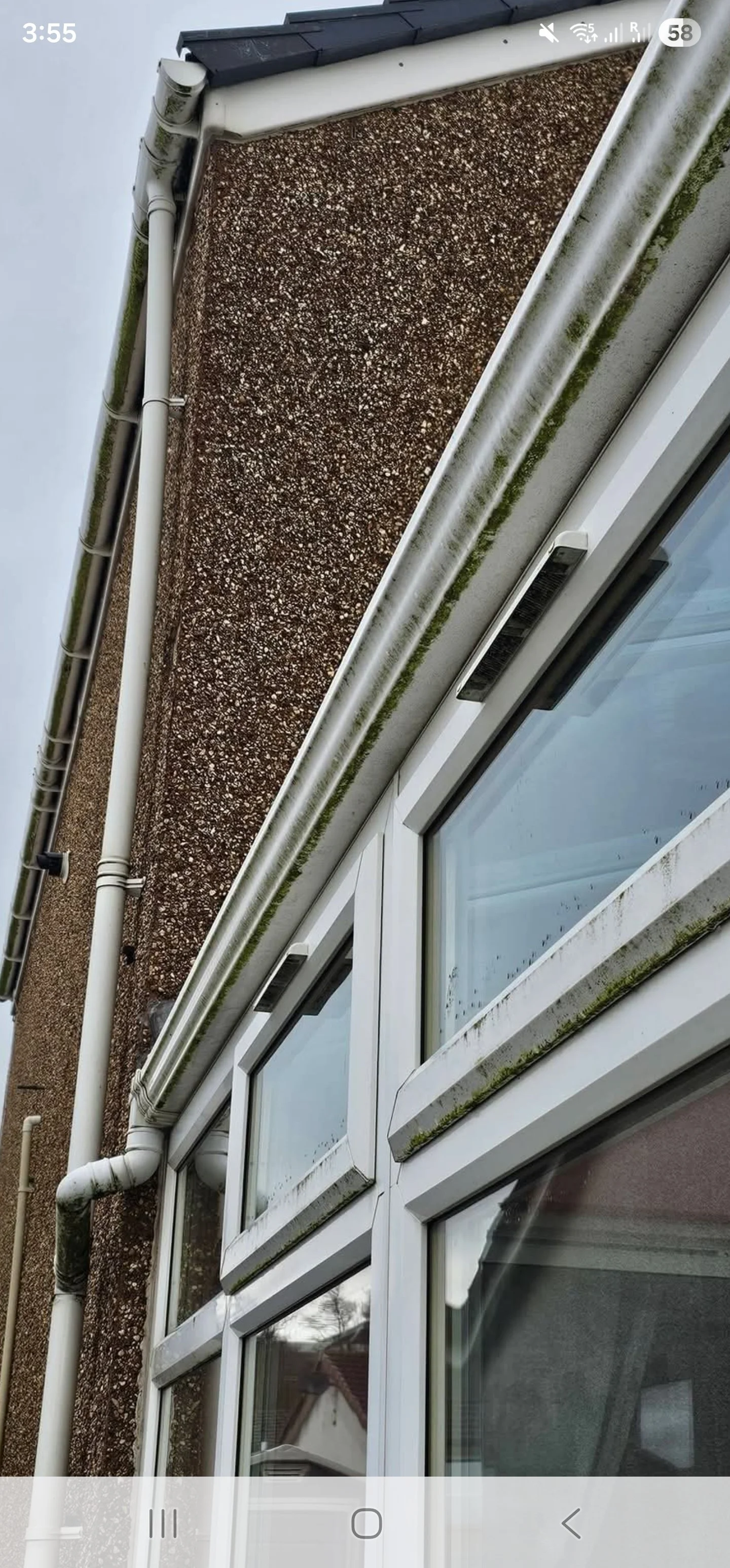 Close-up of a house's exterior wall with windows, showing moss and dirt buildup around the window frames and a brown textured wall with pipes and gutters attached.