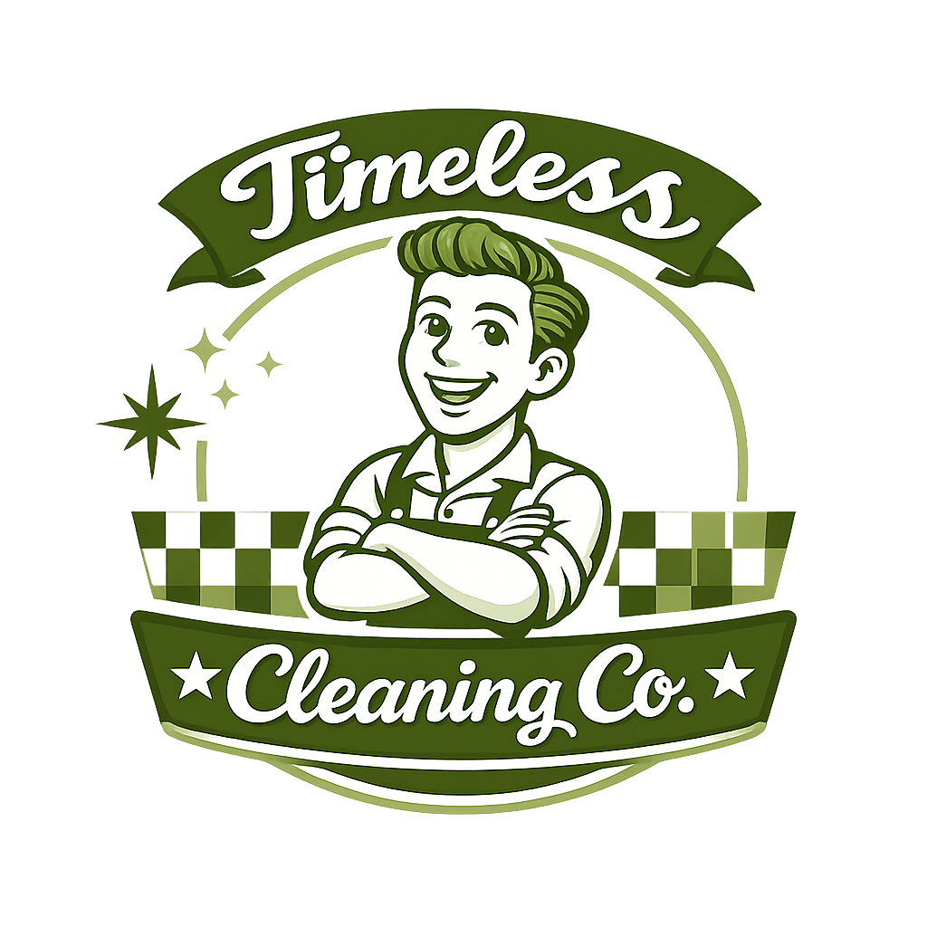 A logo for Timeless Cleaning Co. featuring a smiling cartoon man with arms crossed, set against a green background with stars and checkered patterns.