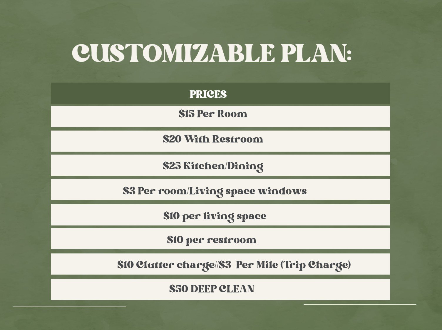 A green-colored printable sign titled 'Customizable Plan' listing various prices for room, restroom, kitchen/dining, living space, and cleanup services, minimum amount of $50 to start a Customizable plan