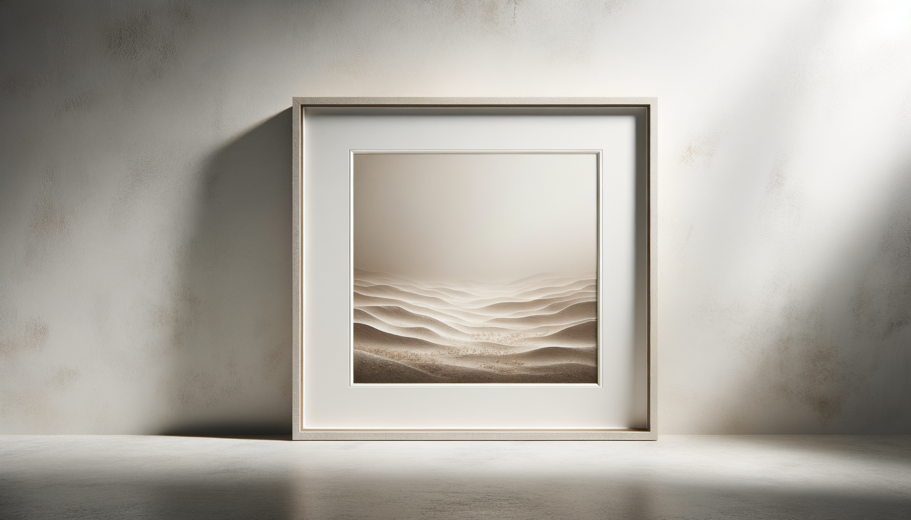 A framed abstract desert landscape art print leaning against a textured wall, with soft lighting casting a shadow.