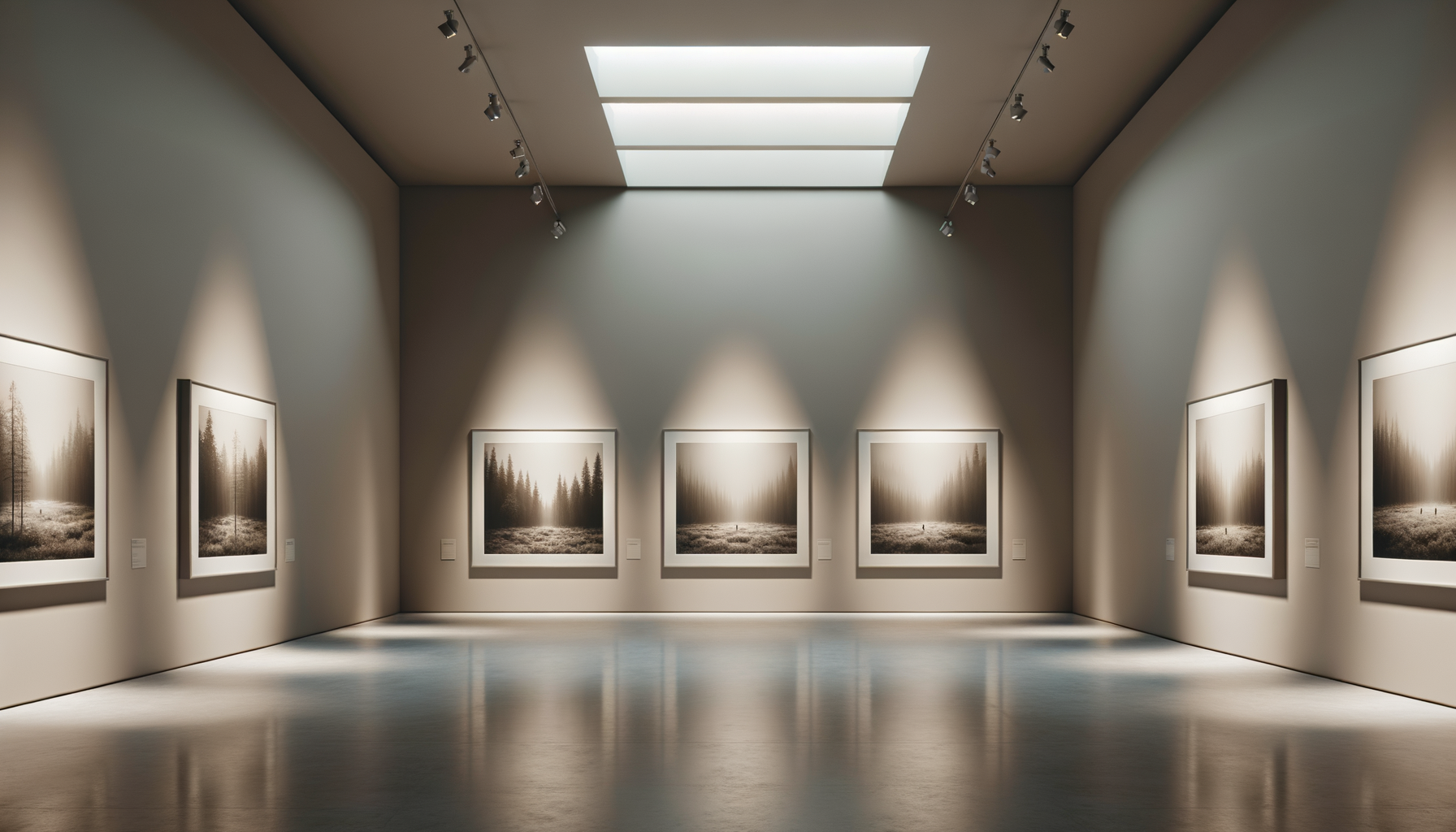 An art gallery with framed landscape photographs of trees and fields displayed on beige walls, illuminated by ceiling spotlights and a skylight.