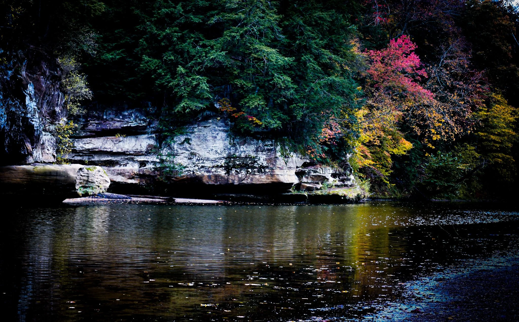 A river flowing along a rocky shoreline with dense trees, including some with pink and yellow leaves, indicating an autumn scene.