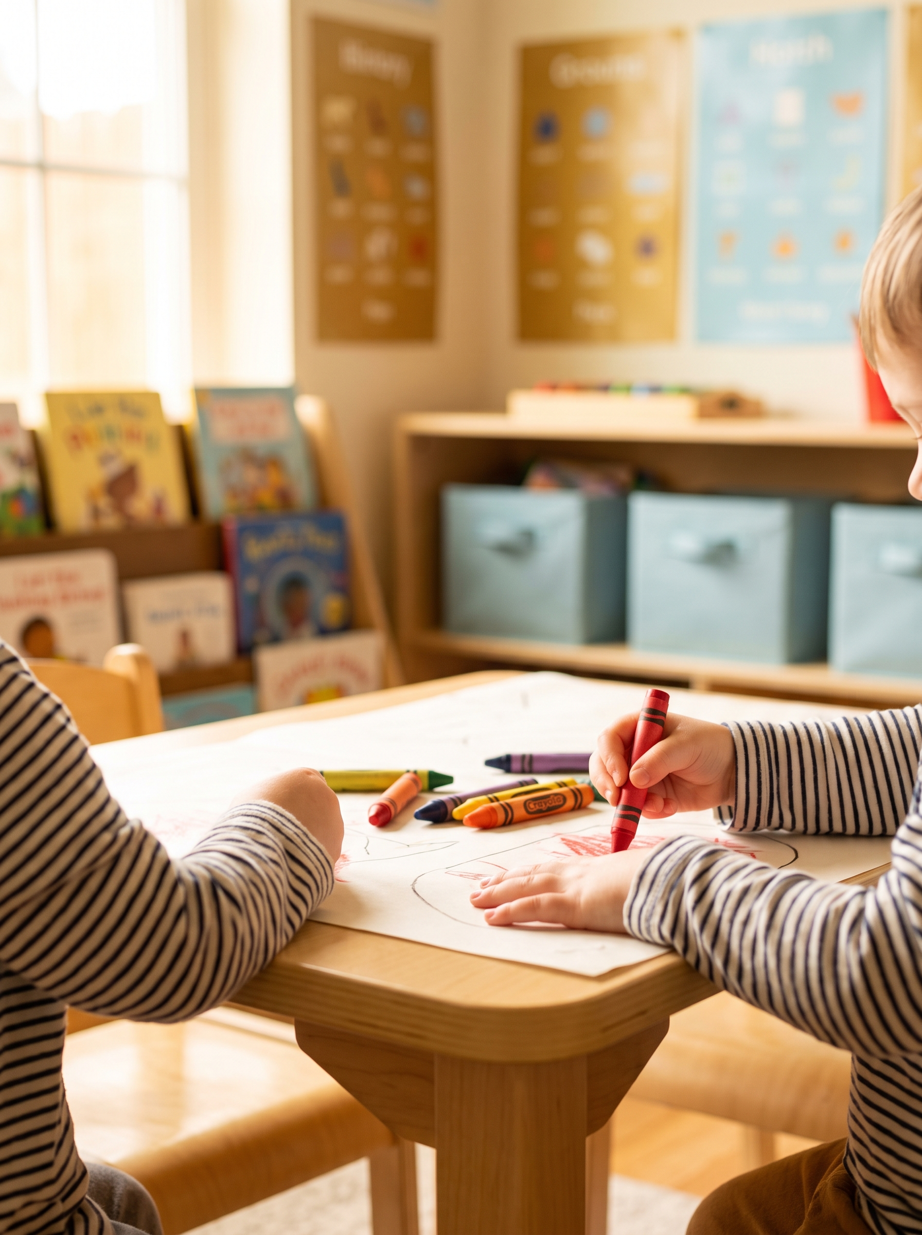 Preschool student coloring at a classroom table