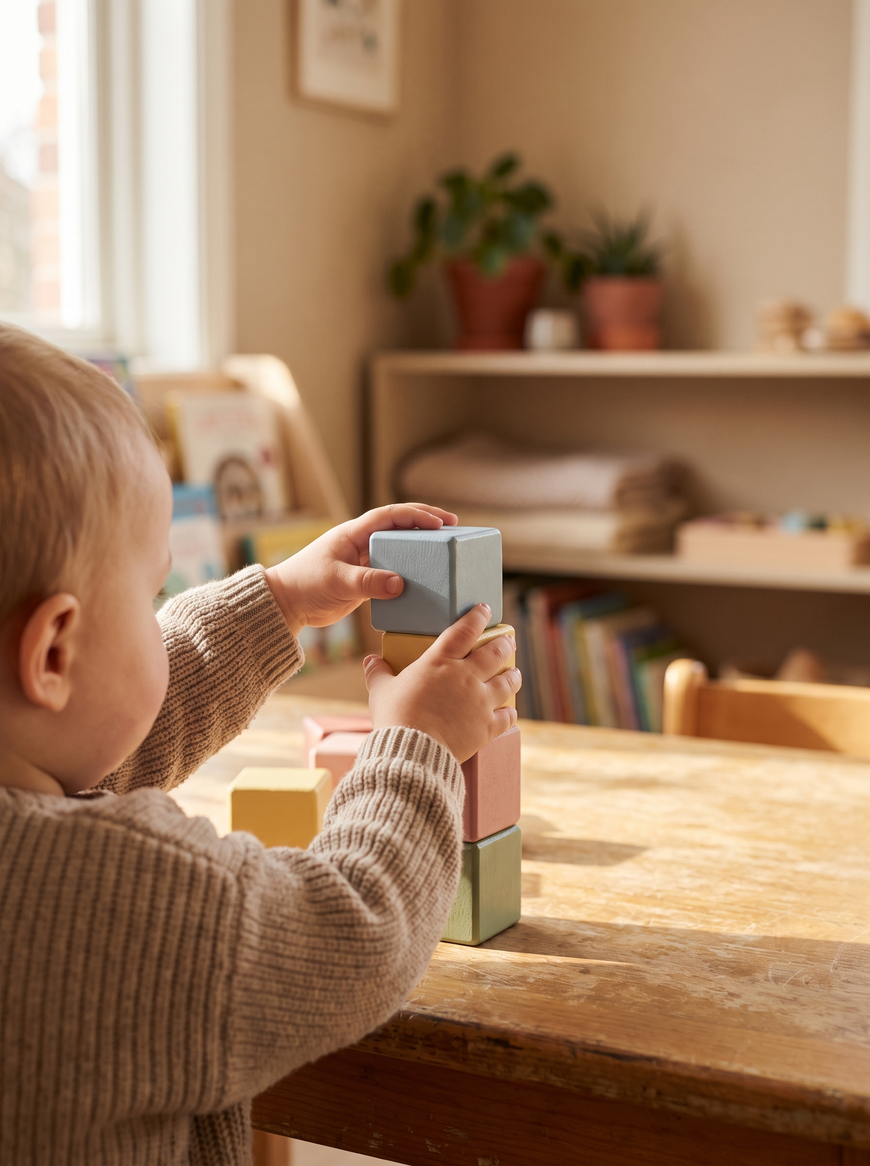 Toddler reaching for a cup on a wooden play shelf