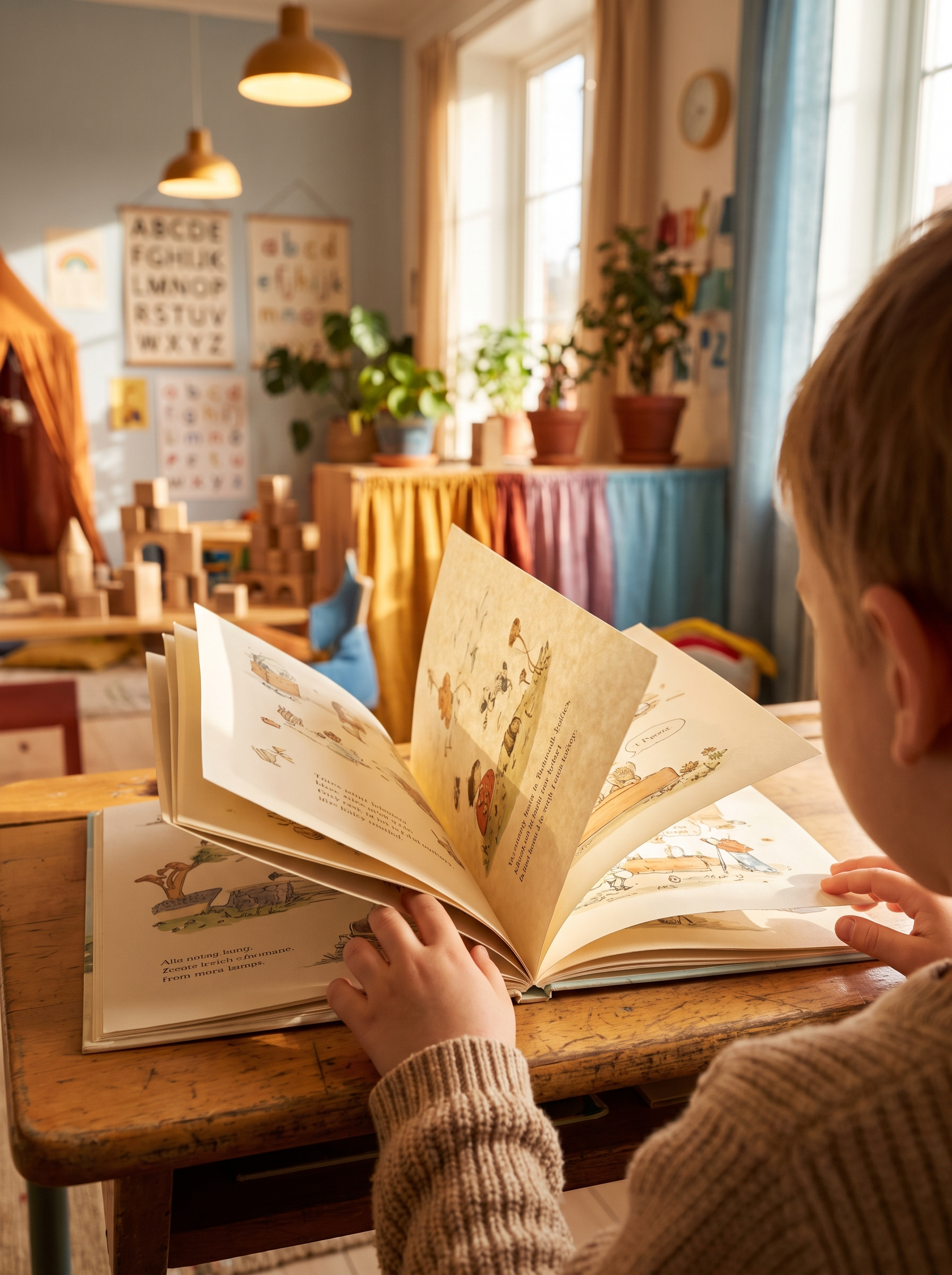 Pre-K student reading a book at the classroom table