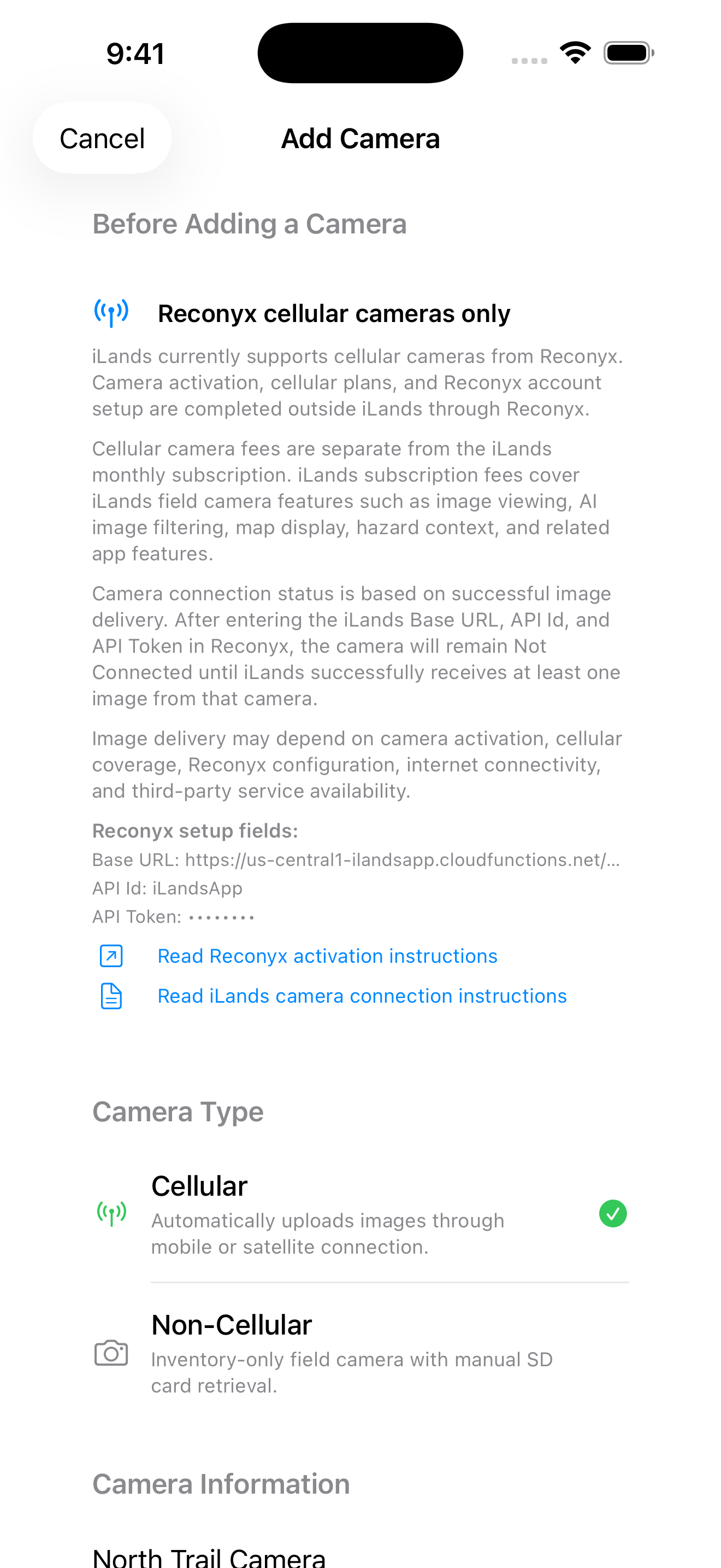 Top of the Add Camera form showing Before Adding a Camera and the Reconyx setup fields. The API token is masked.