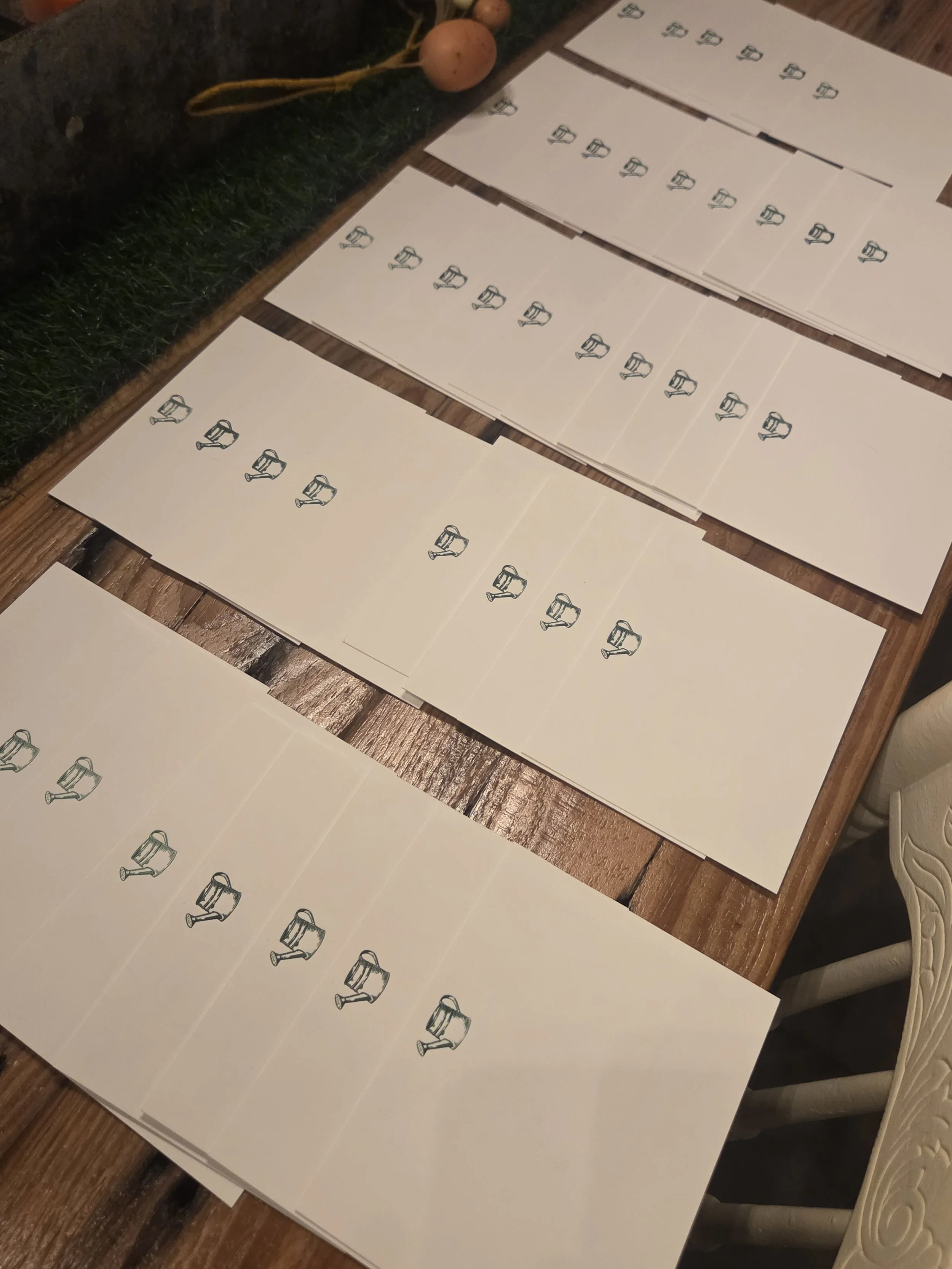 Multiple sheets of paper with black line drawings of watering cans, arranged on a wooden surface near a planter with small spherical plants.