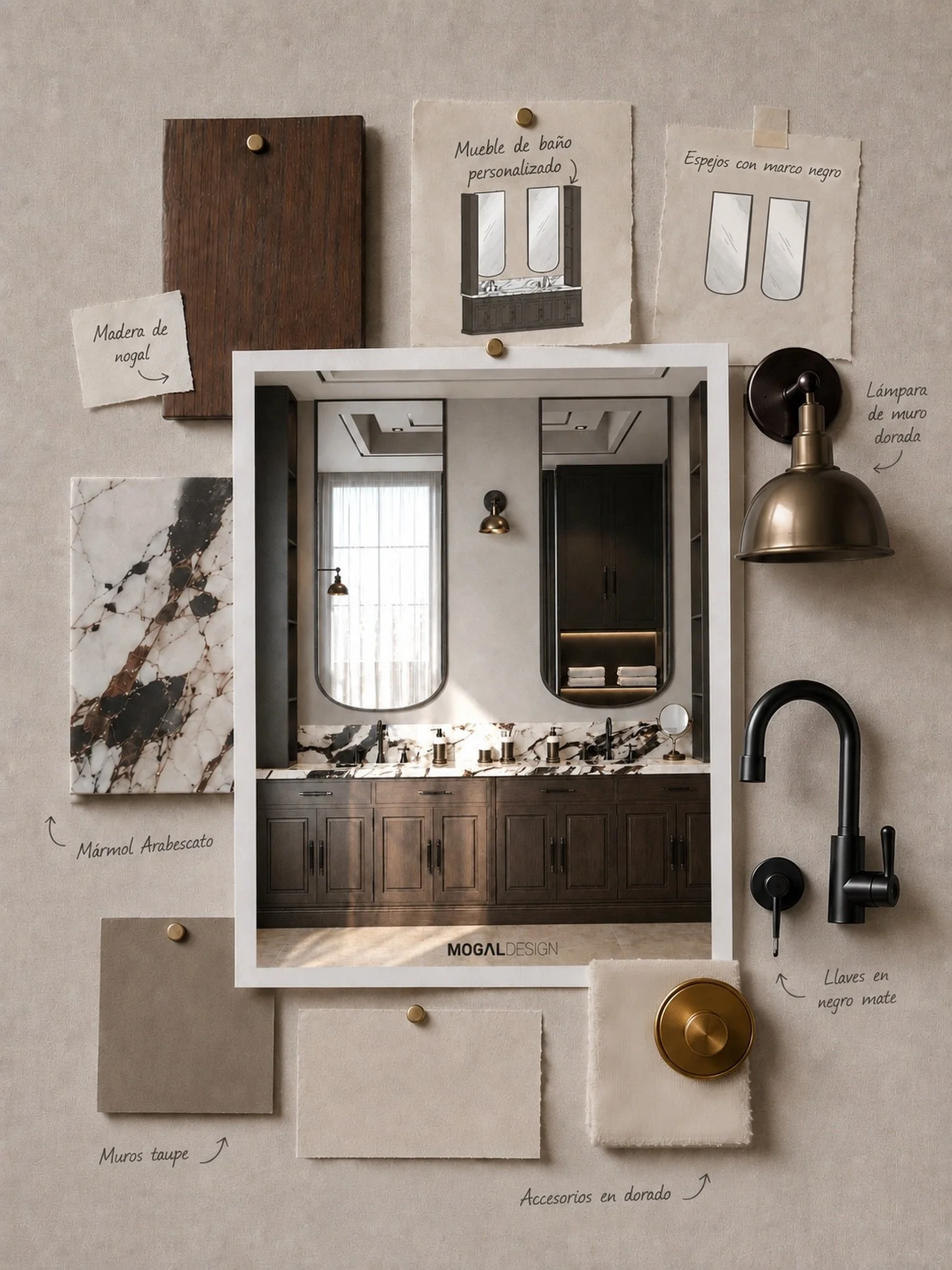 Material board | Ba&ntilde;o principal ✨

Detr&aacute;s de cada espacio hay una selecci&oacute;n de materiales que ayuda a definir c&oacute;mo se va a sentir.

Para este ba&ntilde;o elegimos una combinaci&oacute;n de madera de nogal, m&aacute;rmol Ar