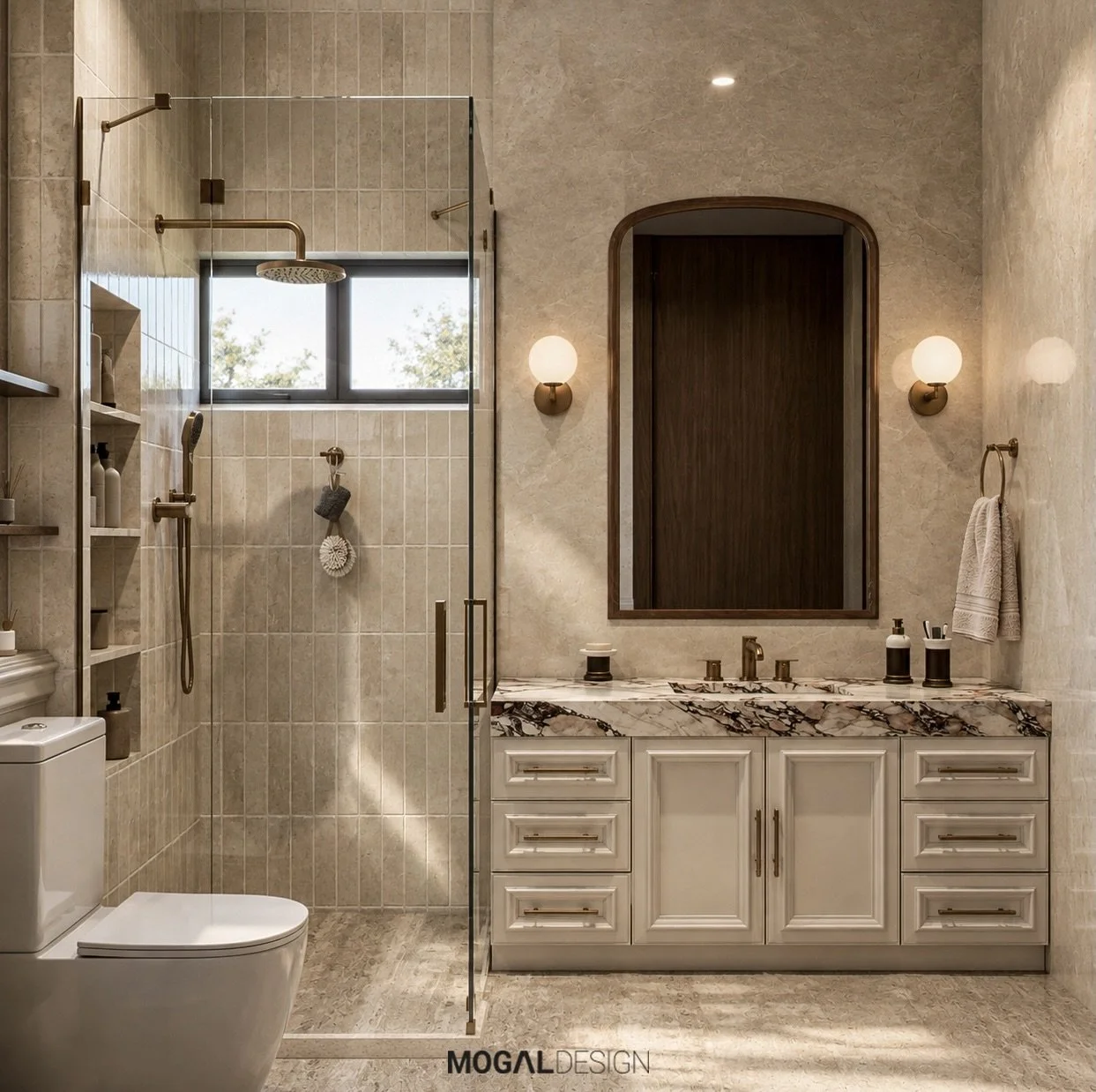 Proyecto de interiores | Ba&ntilde;o

Un dise&ntilde;o atemporal que combina m&aacute;rmol de vetas expresivas, tonos arena, carpinter&iacute;a cl&aacute;sica y acentos en bronce. La selecci&oacute;n de materiales, la iluminaci&oacute;n y las textura