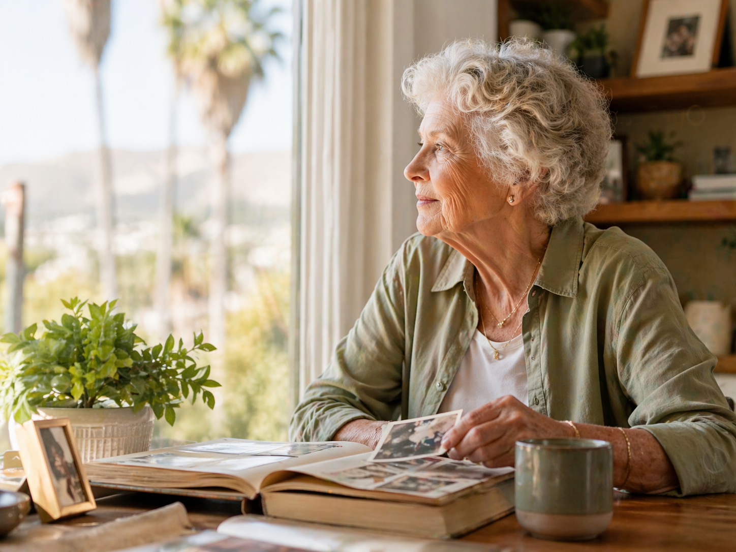 An elderly woman with curly gray hair sitting at a table indoors, looking out a window while holding photographs, surrounded by a plant, a mug, an open photo album, and framed pictures in the background.