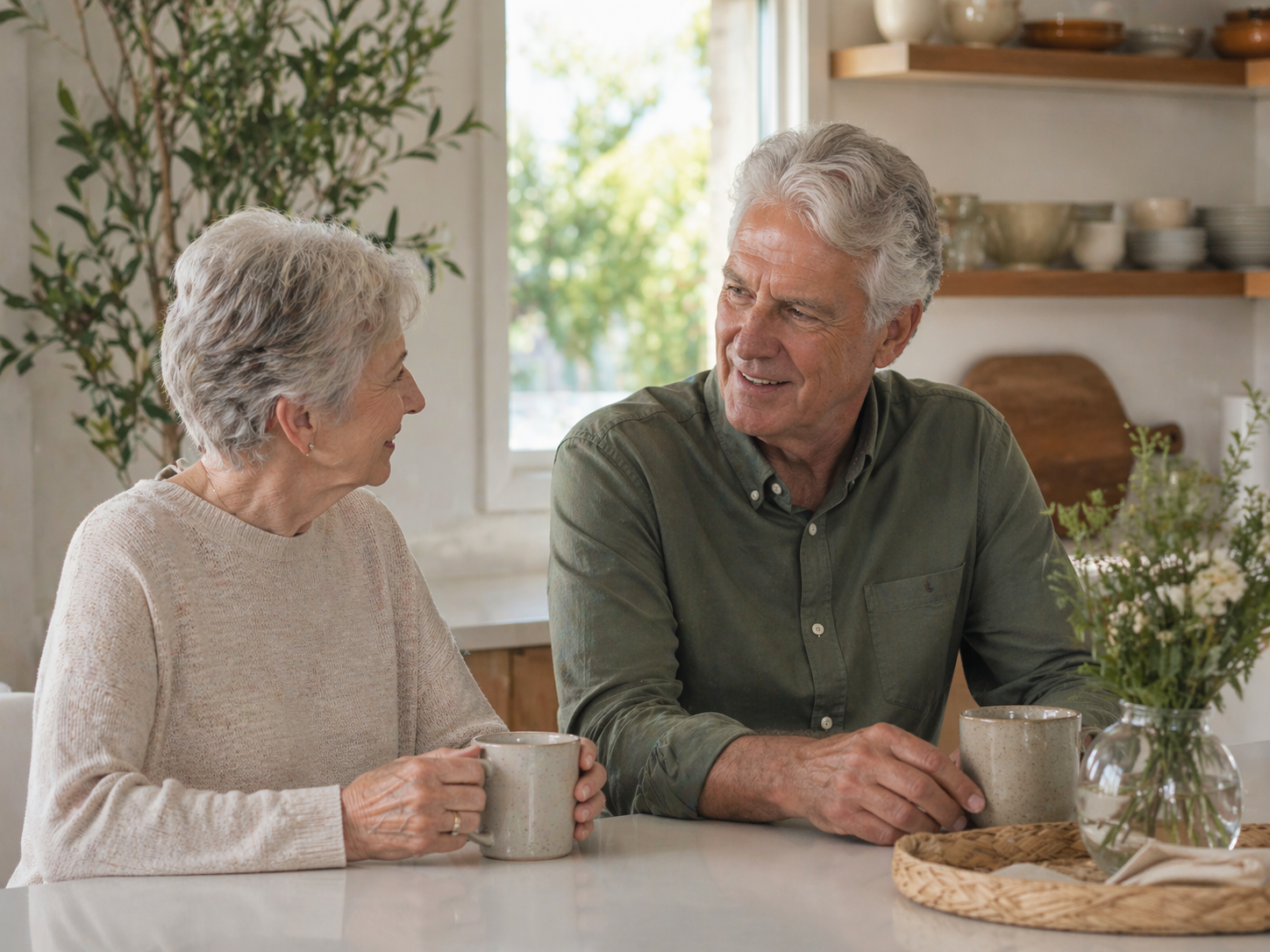 An elderly woman and man are sitting at a kitchen table, smiling and talking. The woman is holding a mug, and a vase with flowers is on the table. The background shows shelves with dishes and a window with greenery outside.
