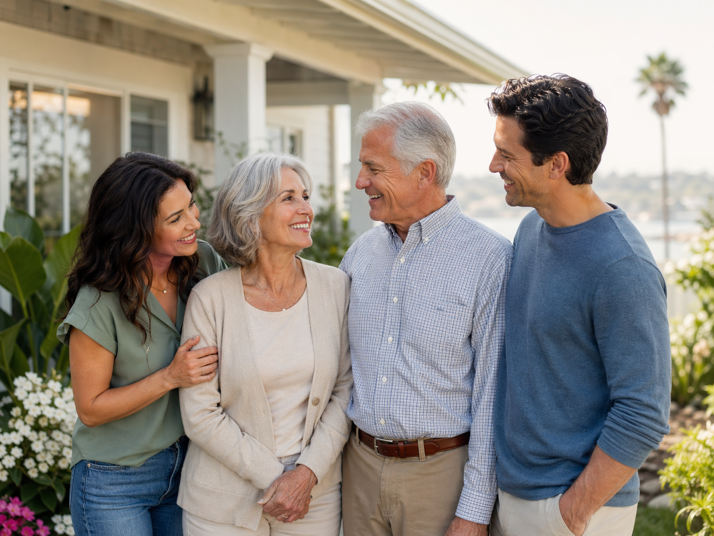 Four people smiling and talking outdoors in front of a house with a garden.