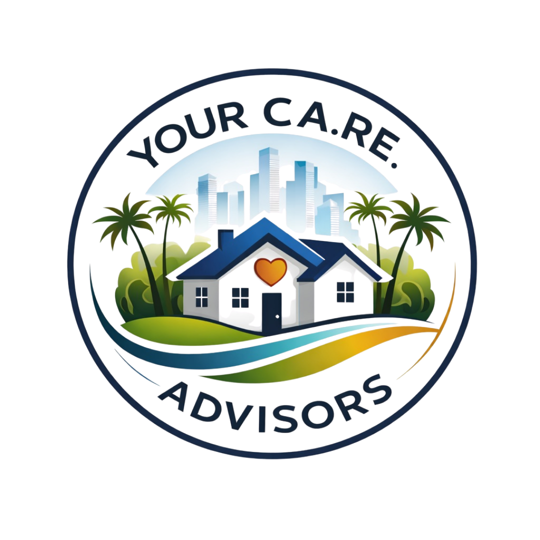 A logo with a house, palm trees, and city buildings in the background, surrounded by a circular border with the text 'Your Care Advisors'.