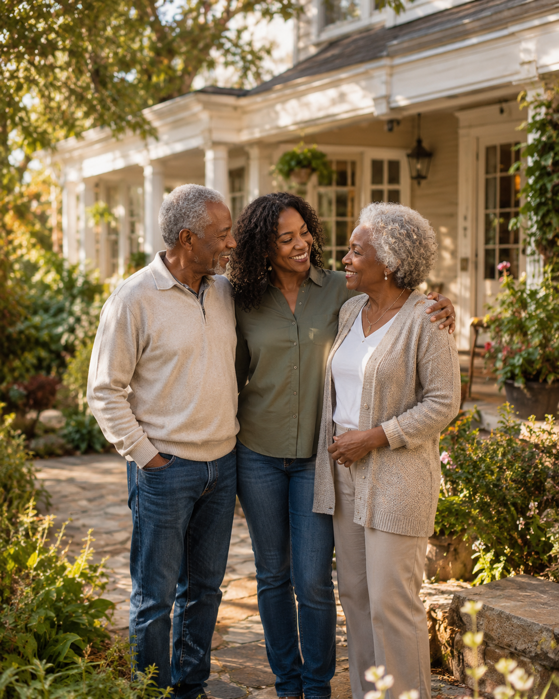 Three smiling people, an older man and woman, and a middle-aged woman, standing outside in front of a house with plants and flowers, enjoying each other's company.