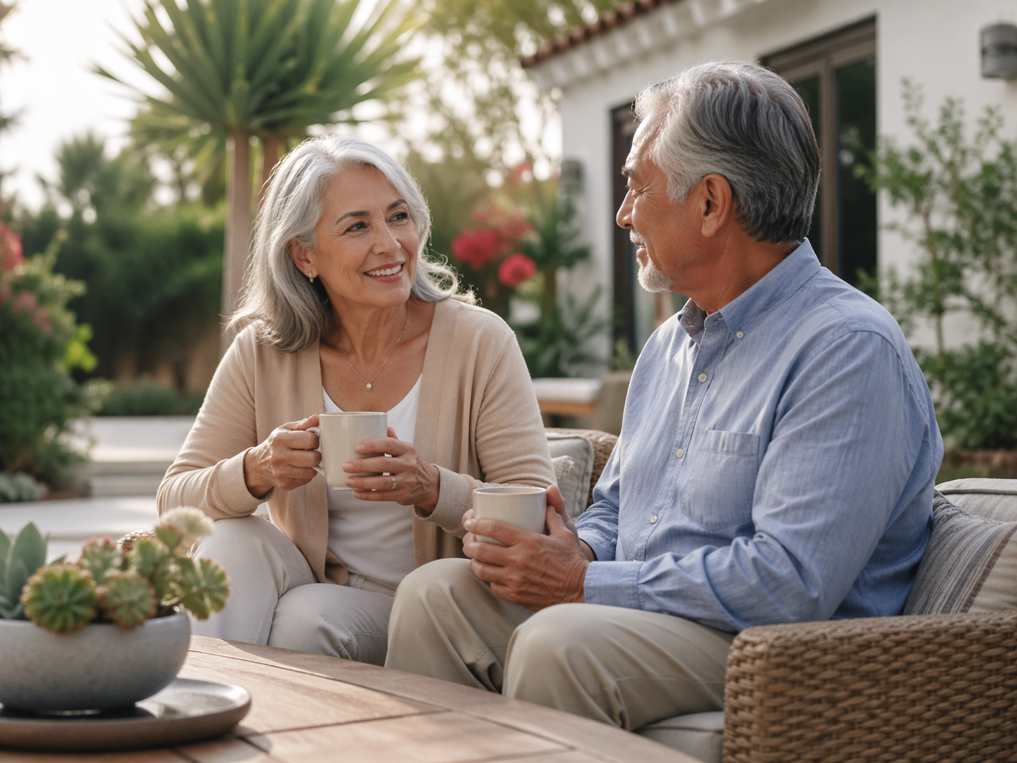 An elderly couple sitting outdoors on a patio, enjoying coffee and smiling at each other. There are plants and a house in the background.