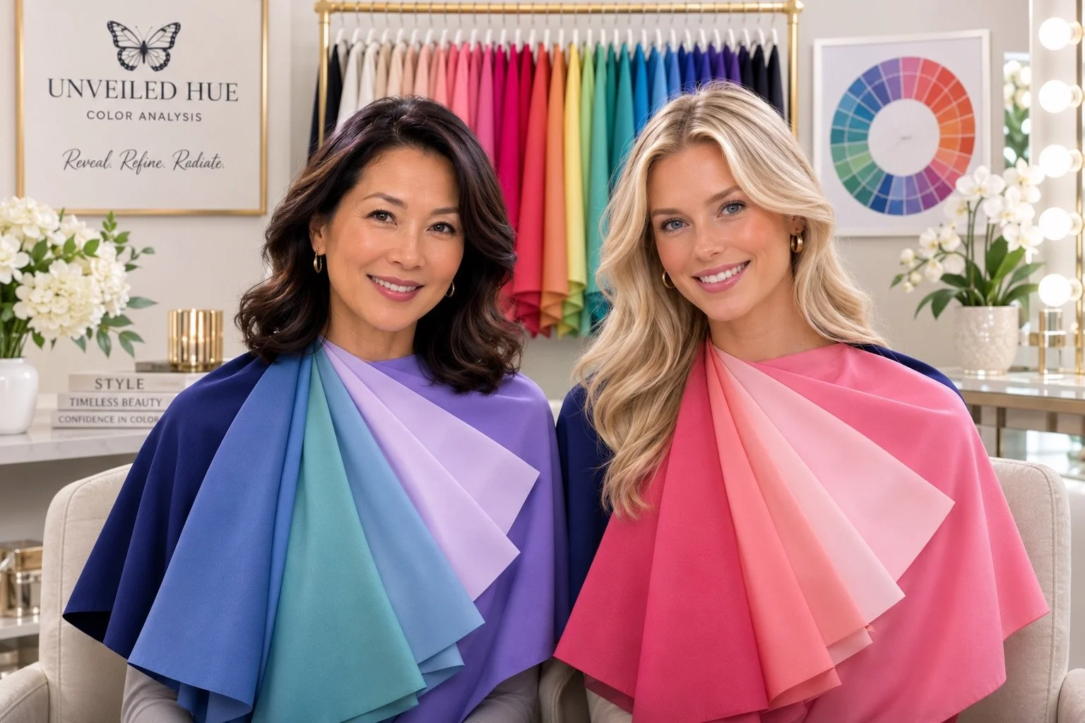One Asian Women in her 40s, and one blonde woman in her 20s sitting and smiling in their personalized color season drapes after being analyzed by Sally Anne at Unveiled Hue Color Analysis in Williamsburg, Virginia