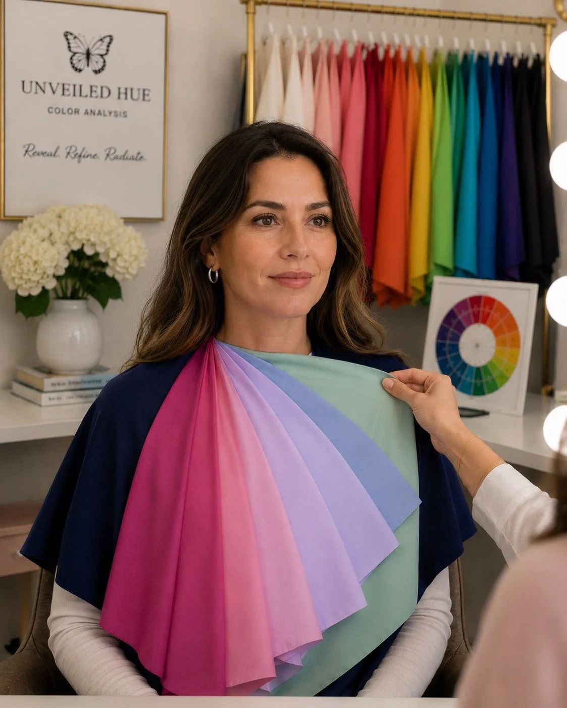 Women in her mid 30s in cool colored drapes after a color analysis in Williamsburg, Virginia