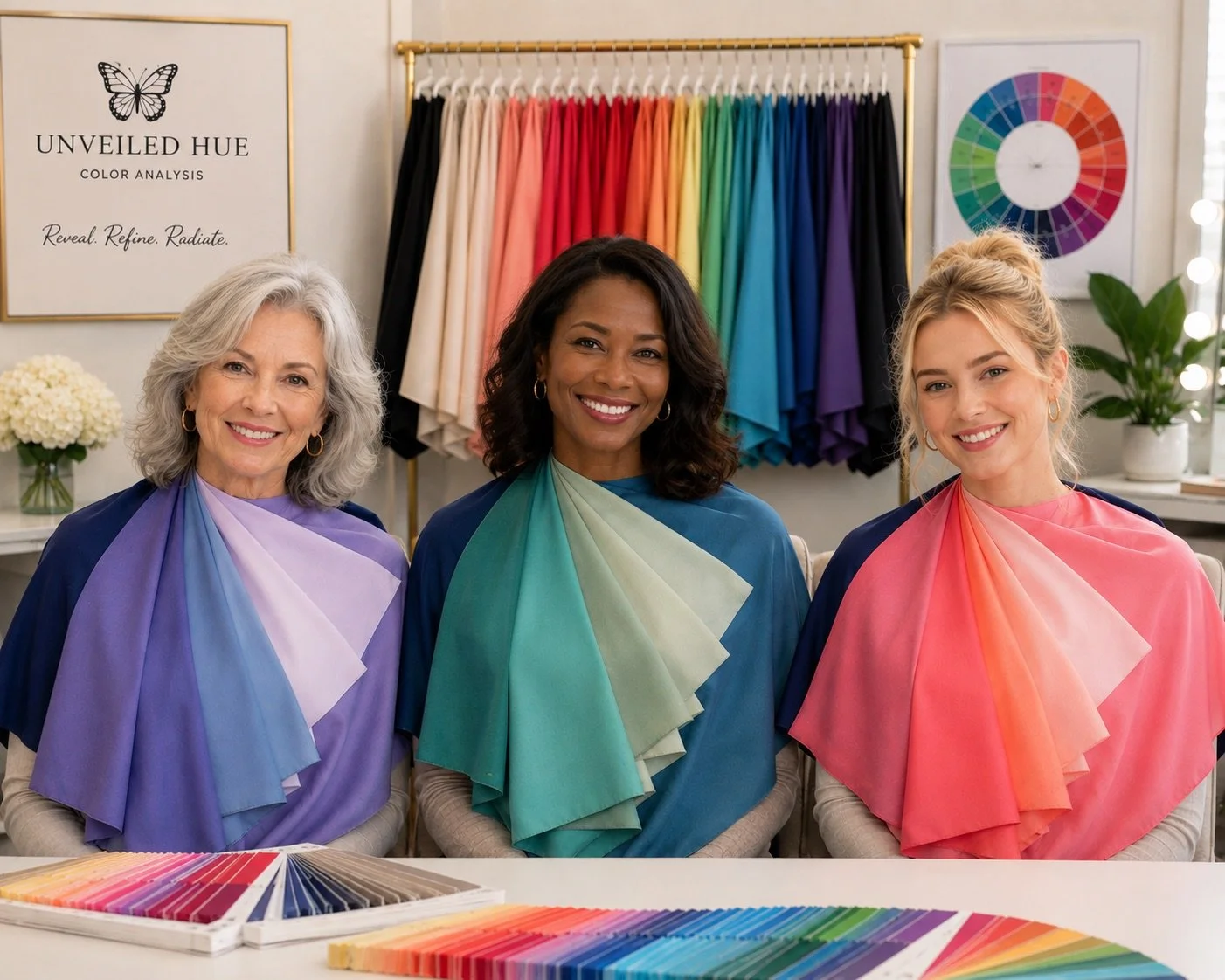 3 women, one in her 60s, one in her 40s, and one in her 20s, sitting and smiling after receiving their group seasonal color analysis at Unveiled Hue in Hampton Roads, Virginia