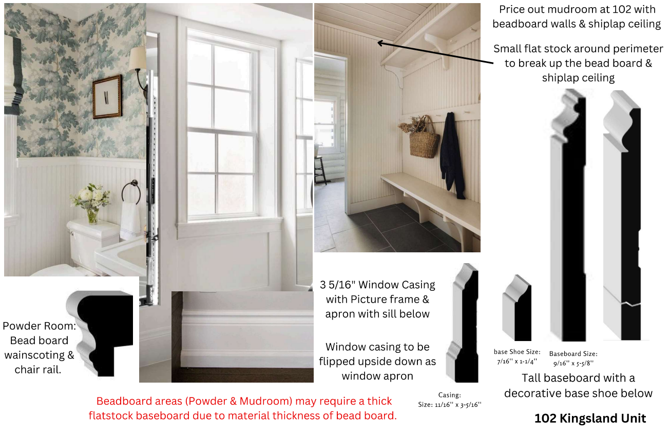 Interior design diagram illustrating beadboard wall and ceiling details, window casings, and baseboards used in a home renovation, with notes on material measurements and installation instructions.