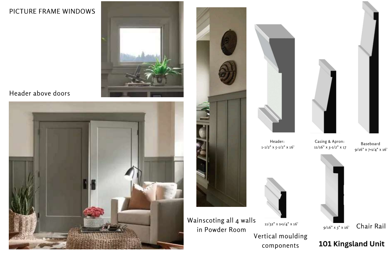 Diagram of wainscoting components and a photo of a living room with gray wainscoting and sliding doors.