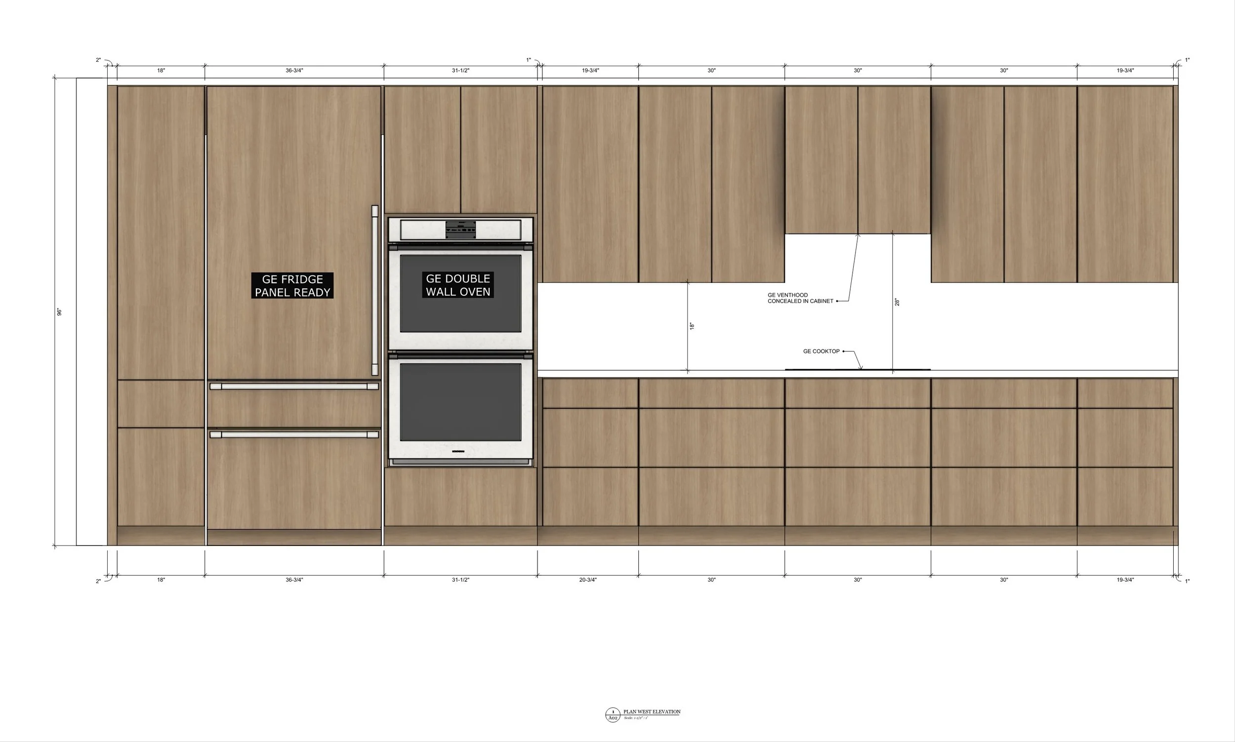 Architectural drawing of kitchen cabinetry and appliances, including a double wall oven, refrigerator, and labeled storage cabinets.