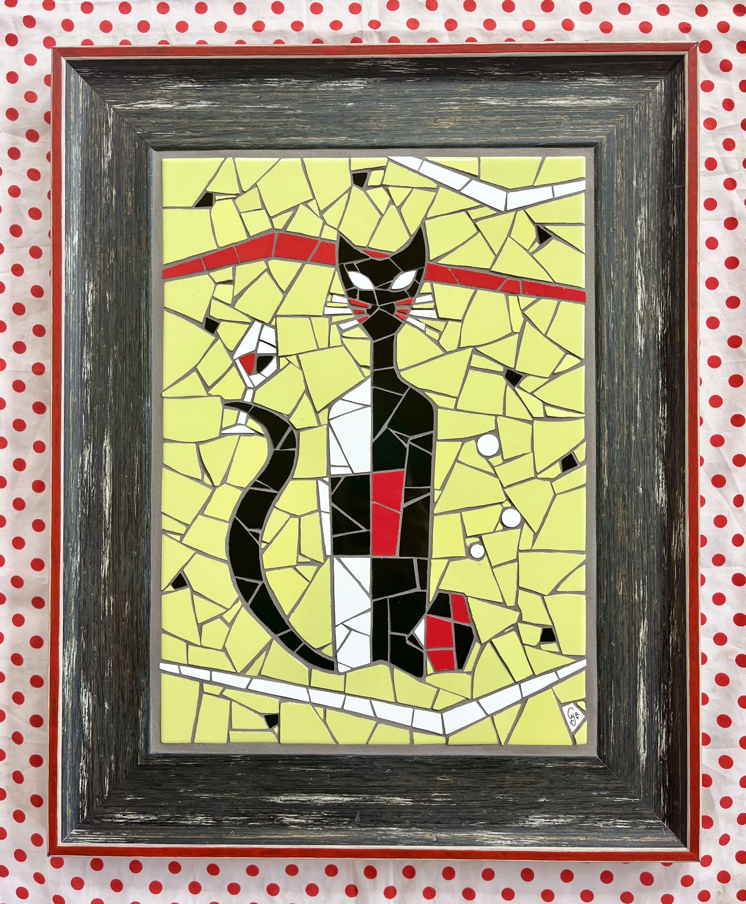 Wine cat. Ceramic tiles on glass. 20"x16". 2024