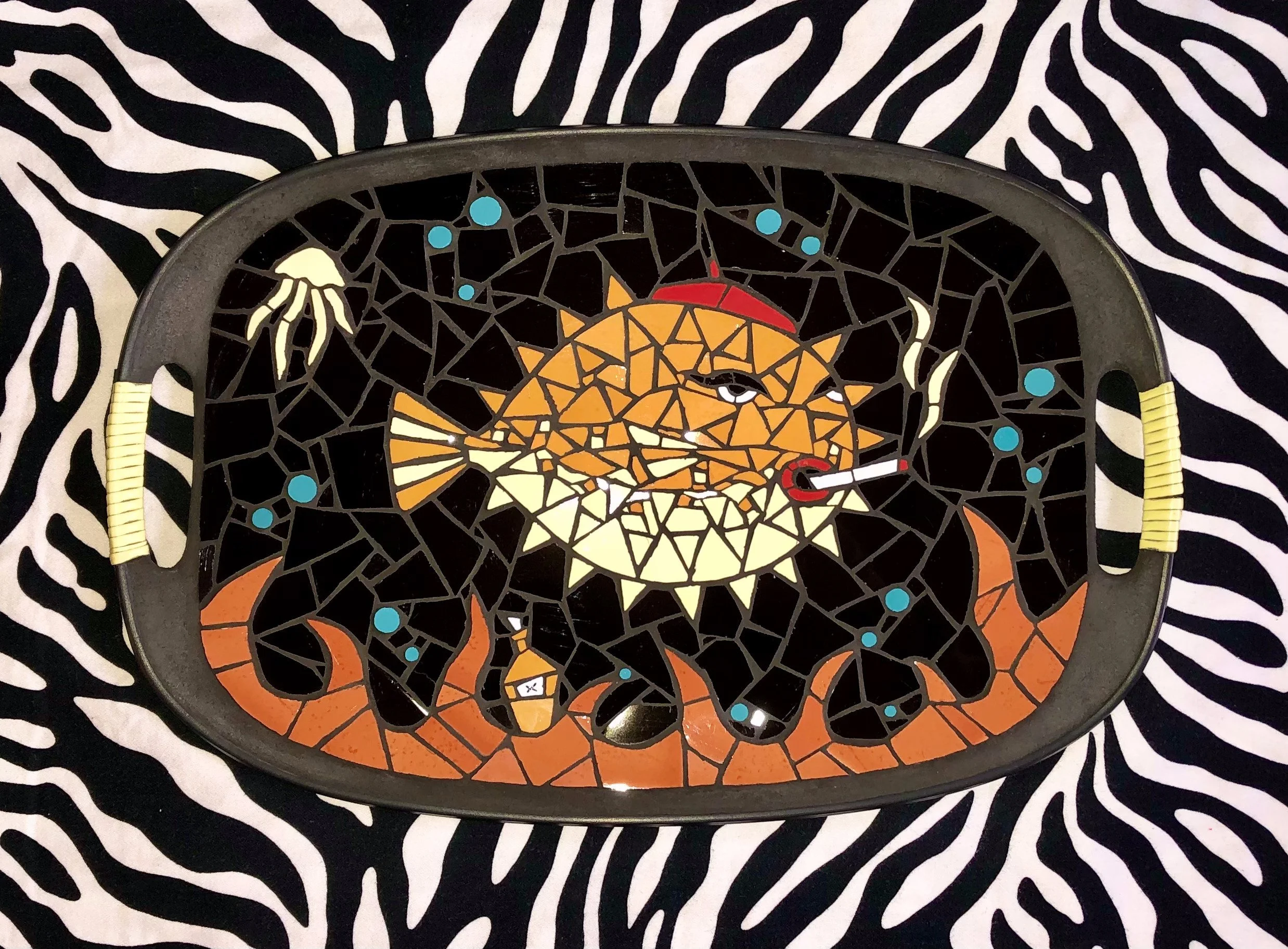 Smoking puffer fish. Ceramic tiles on tray. 18"x12". 2021