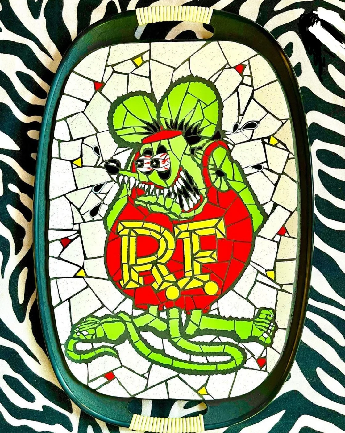 Rat Fink. Ceramic tiles on Masonite tray. 18"x12". 2023