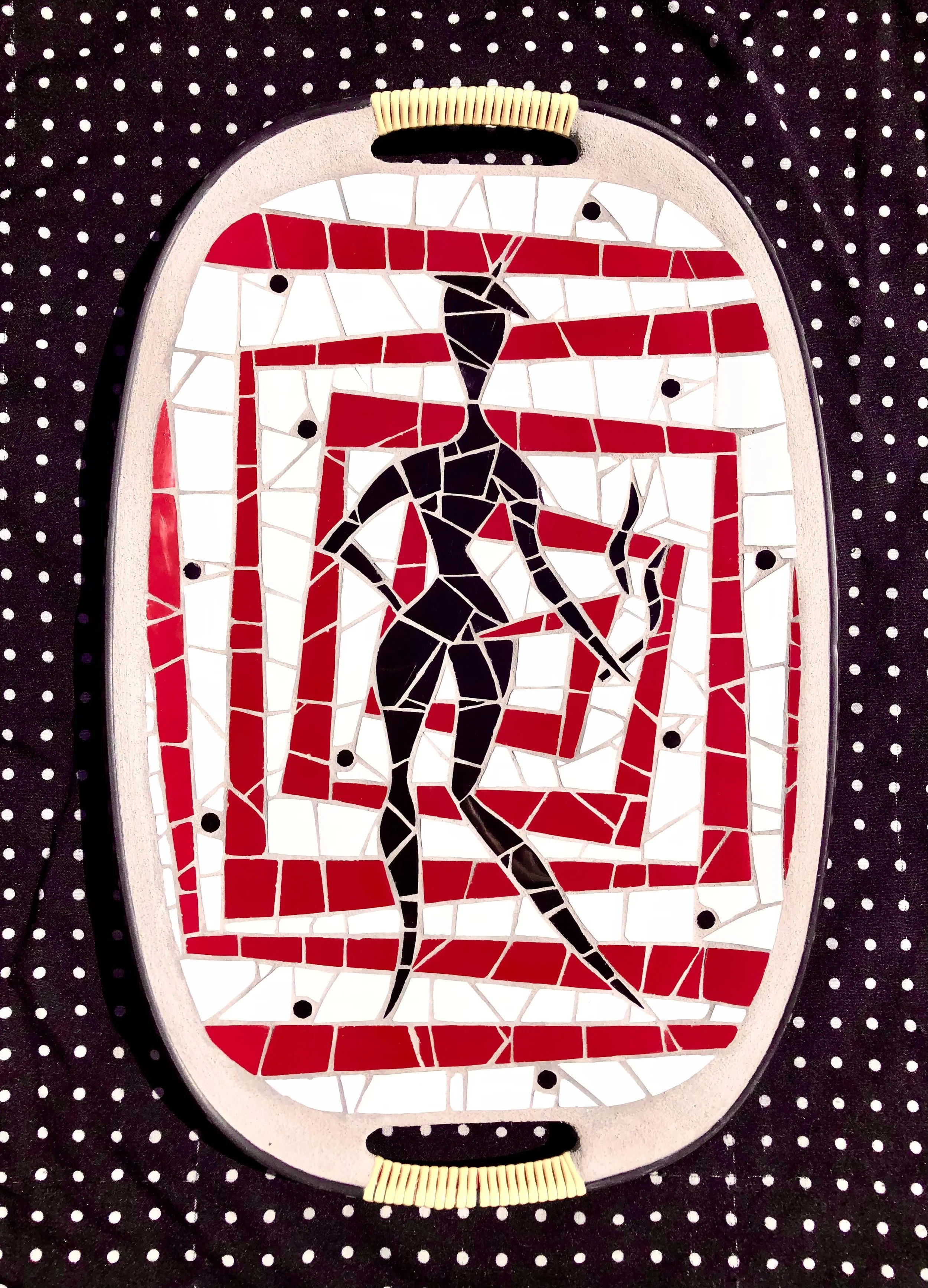 Spiral girl. Ceramic tiles on Masonite tray. 18"x12". 2021