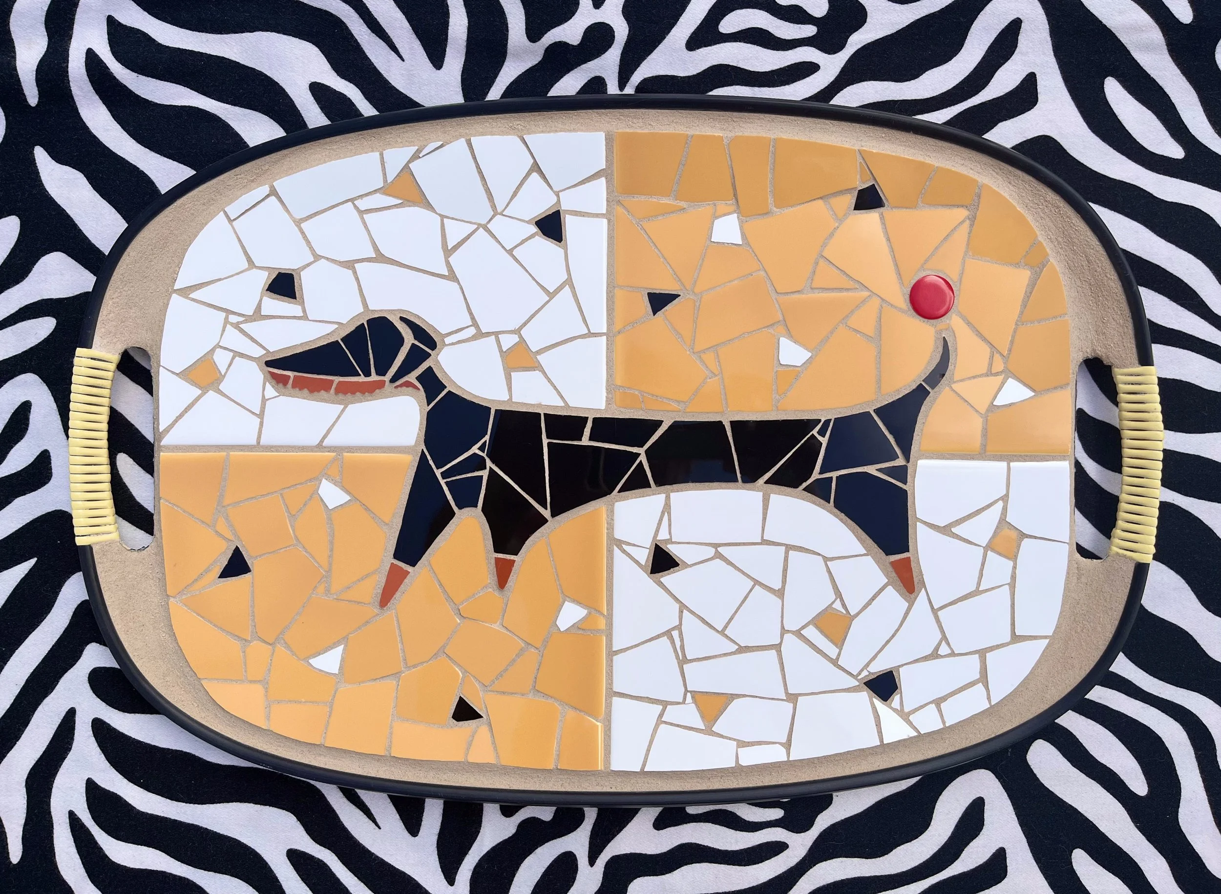 Dachshund commission. Ceramic tiles on tray. 18"x12". 2022