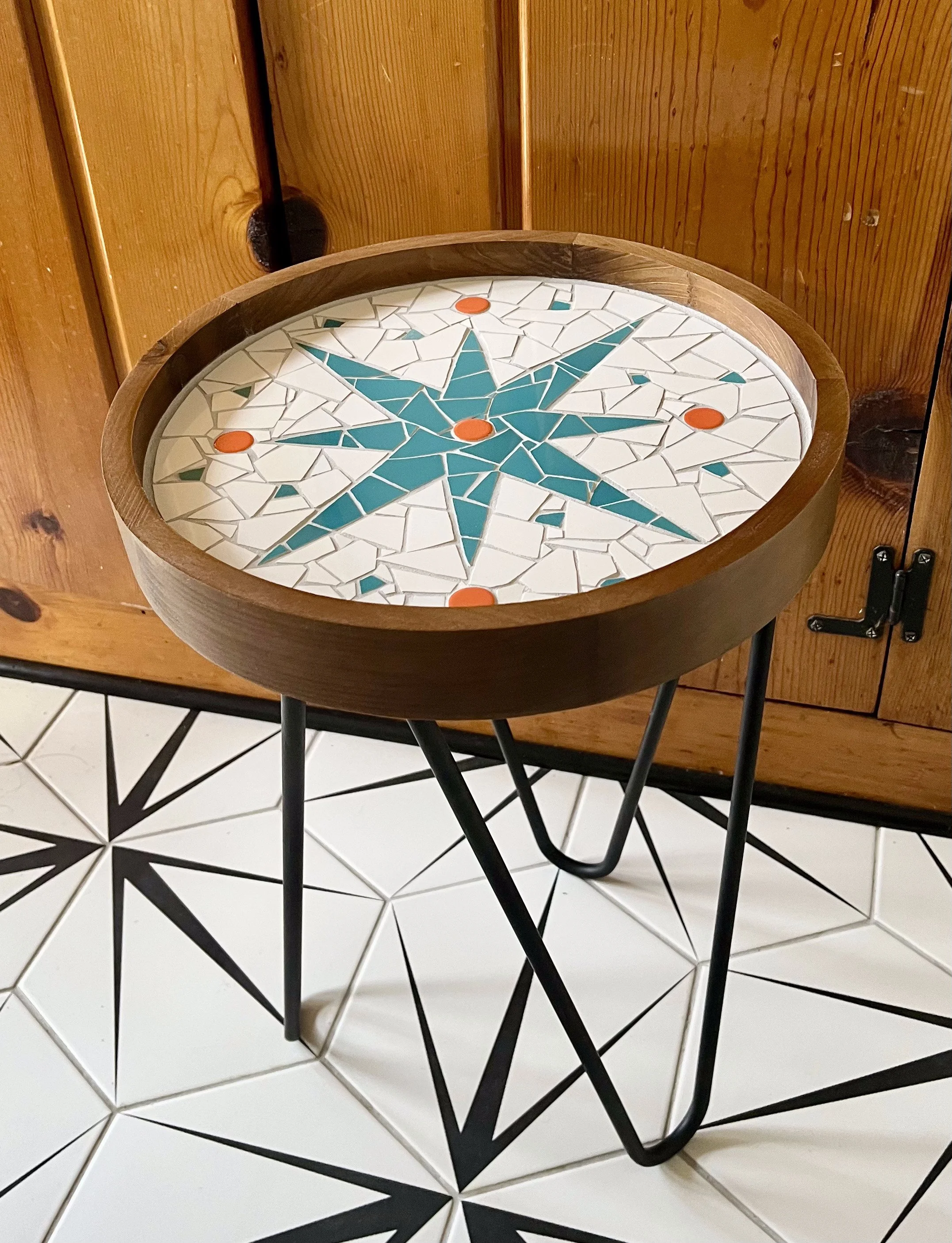 Starburst little table. Ceramic tiles on wood