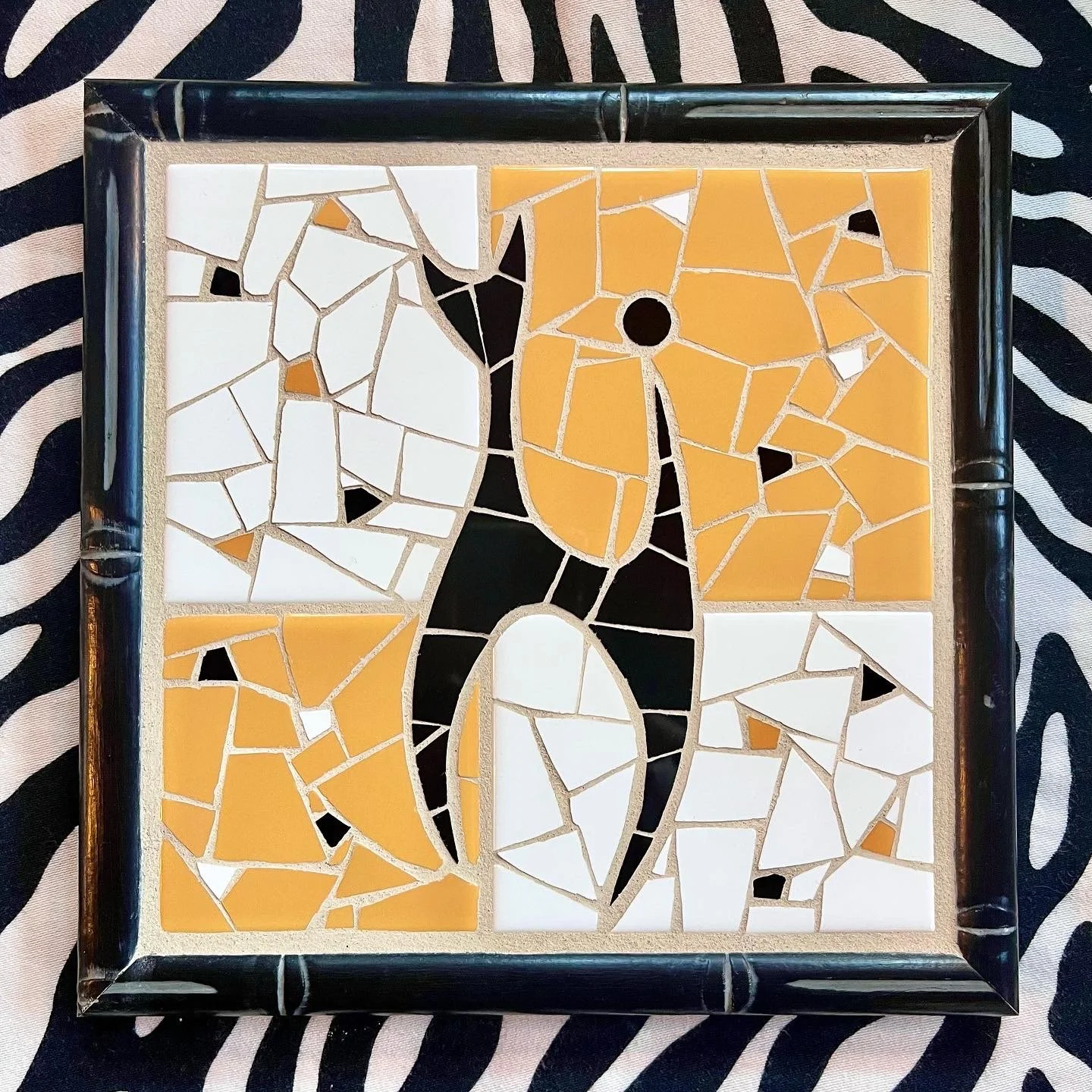 MCM cat. Ceramic tiles on glass. 9"x9". 2022