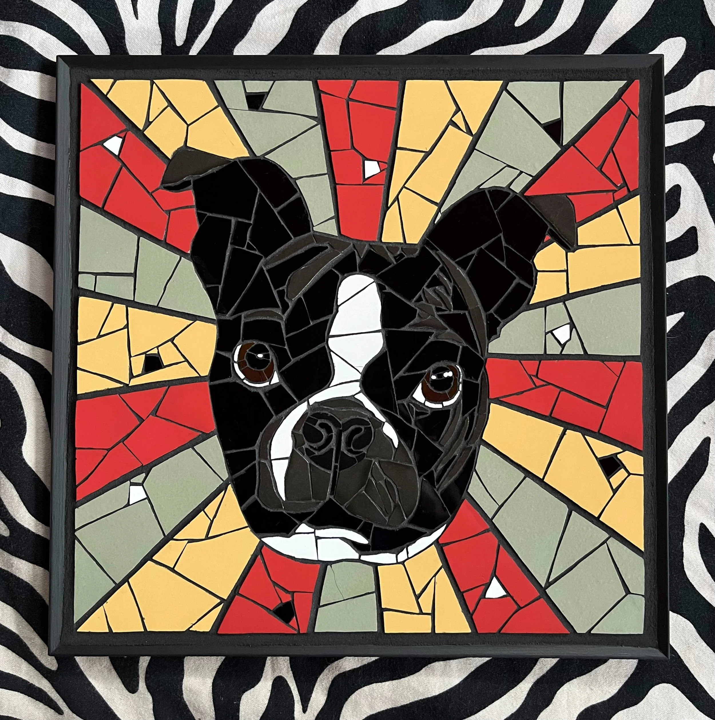 Dog commission. Porcelain tiles on glass. 13"x13". 2024