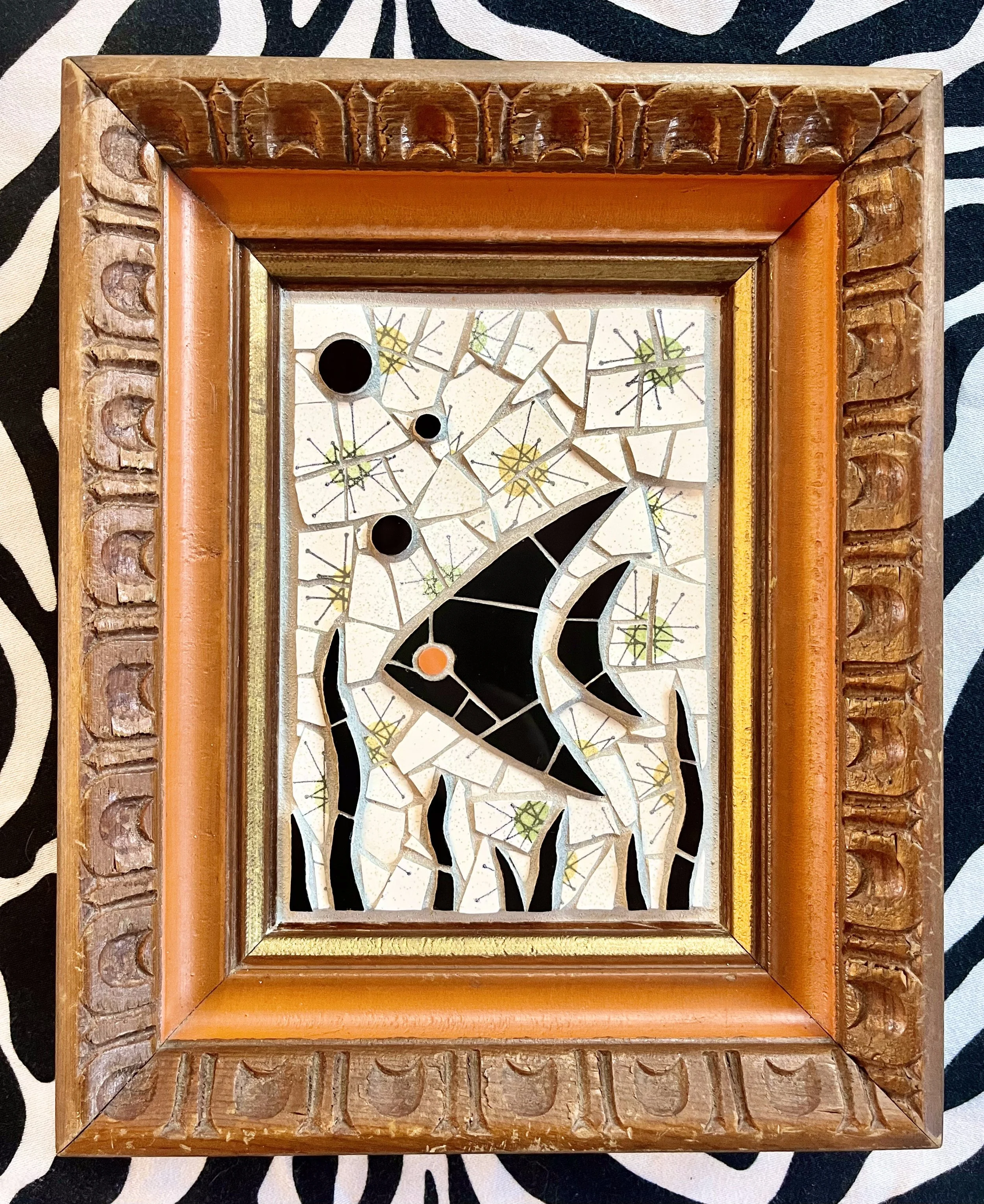 Starburst angelfish. Tiles and plates on wood. 10.5"x8.5". 2025