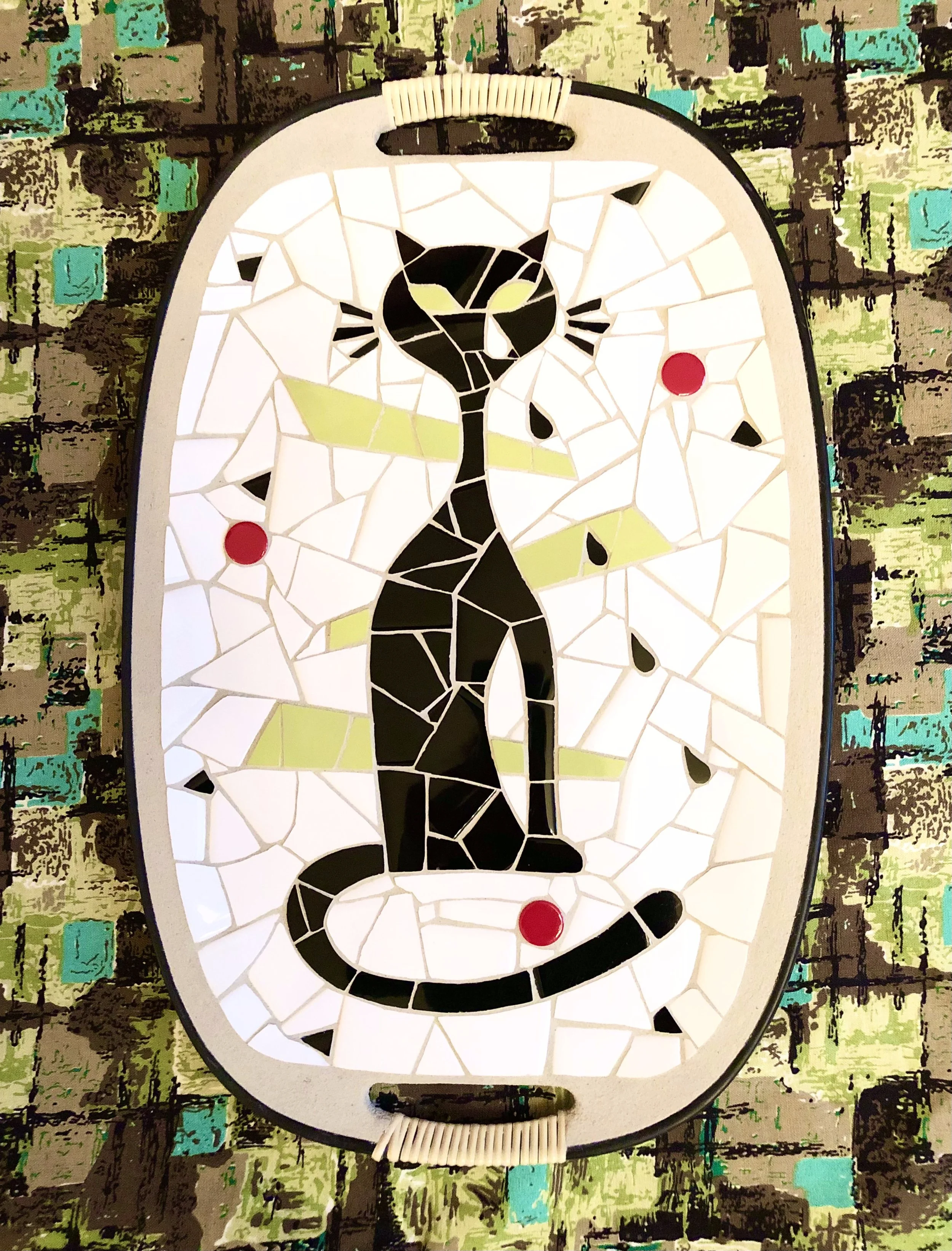 Sad cat commission. Ceramic tiles on Masonite tray. 18"x12"
