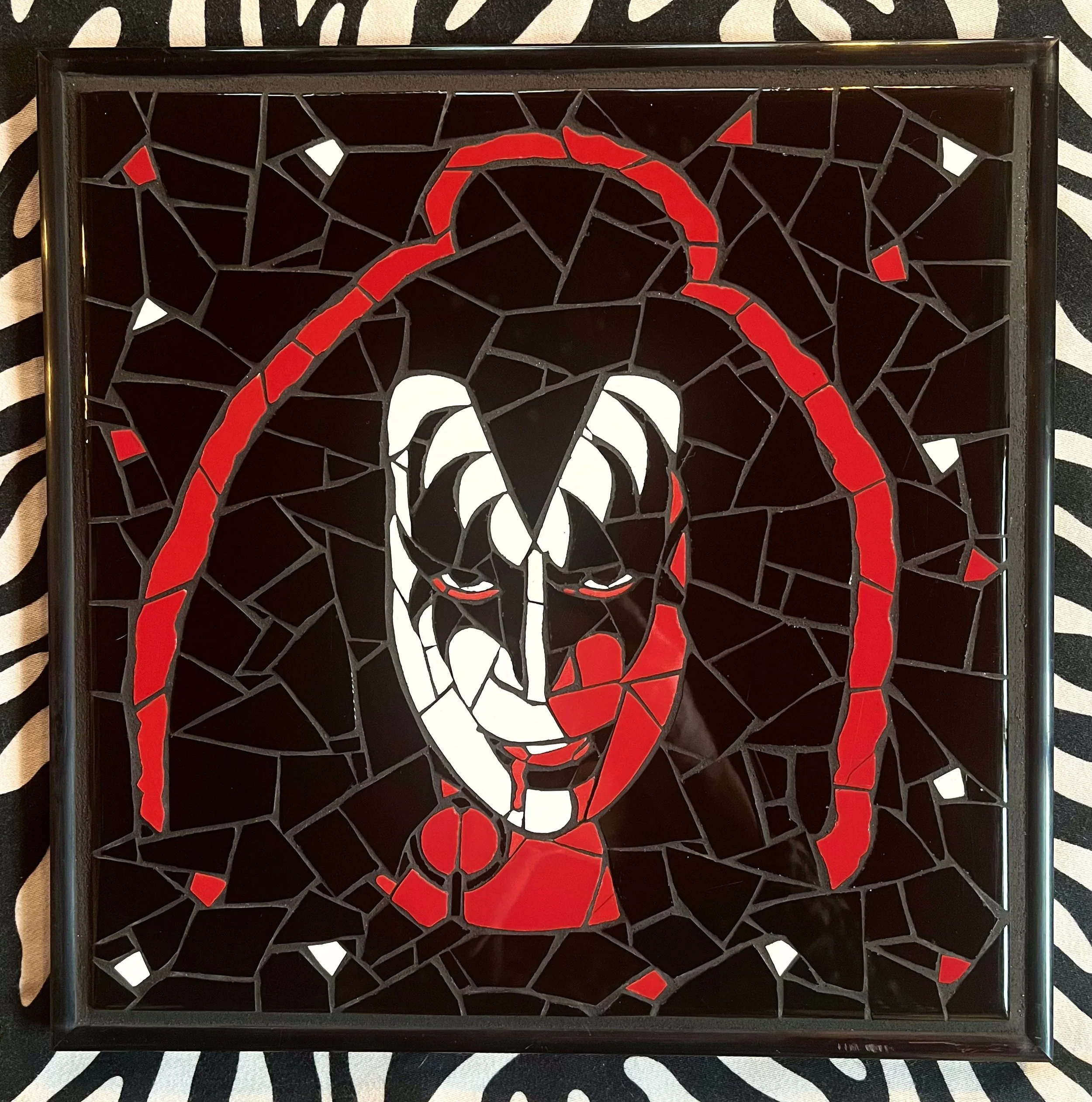 Kiss commission. Ceramic tiles on glass. 13"x13". 2024