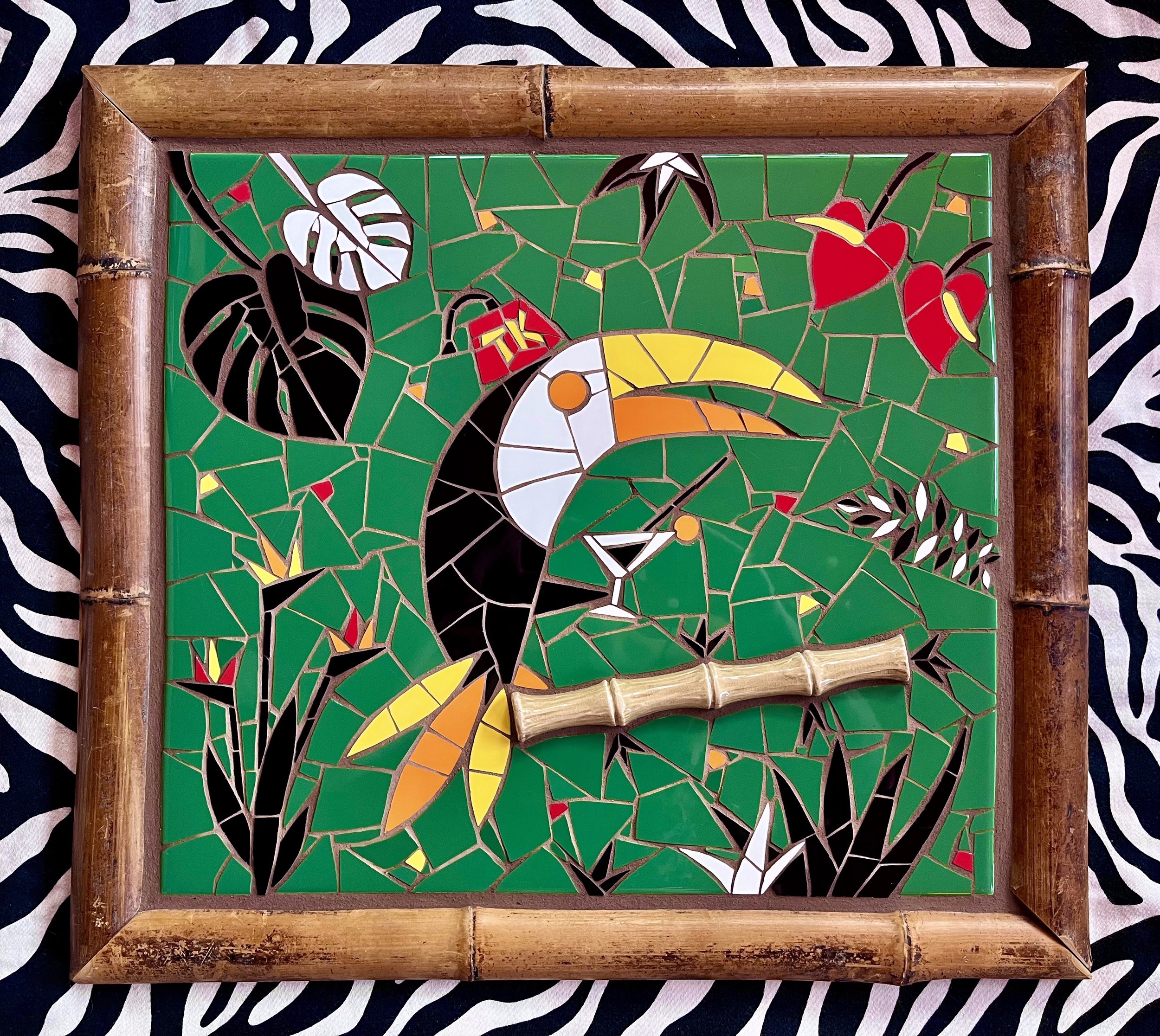 Fez toucan. Ceramic tiles on wood. 20"x18". 2023