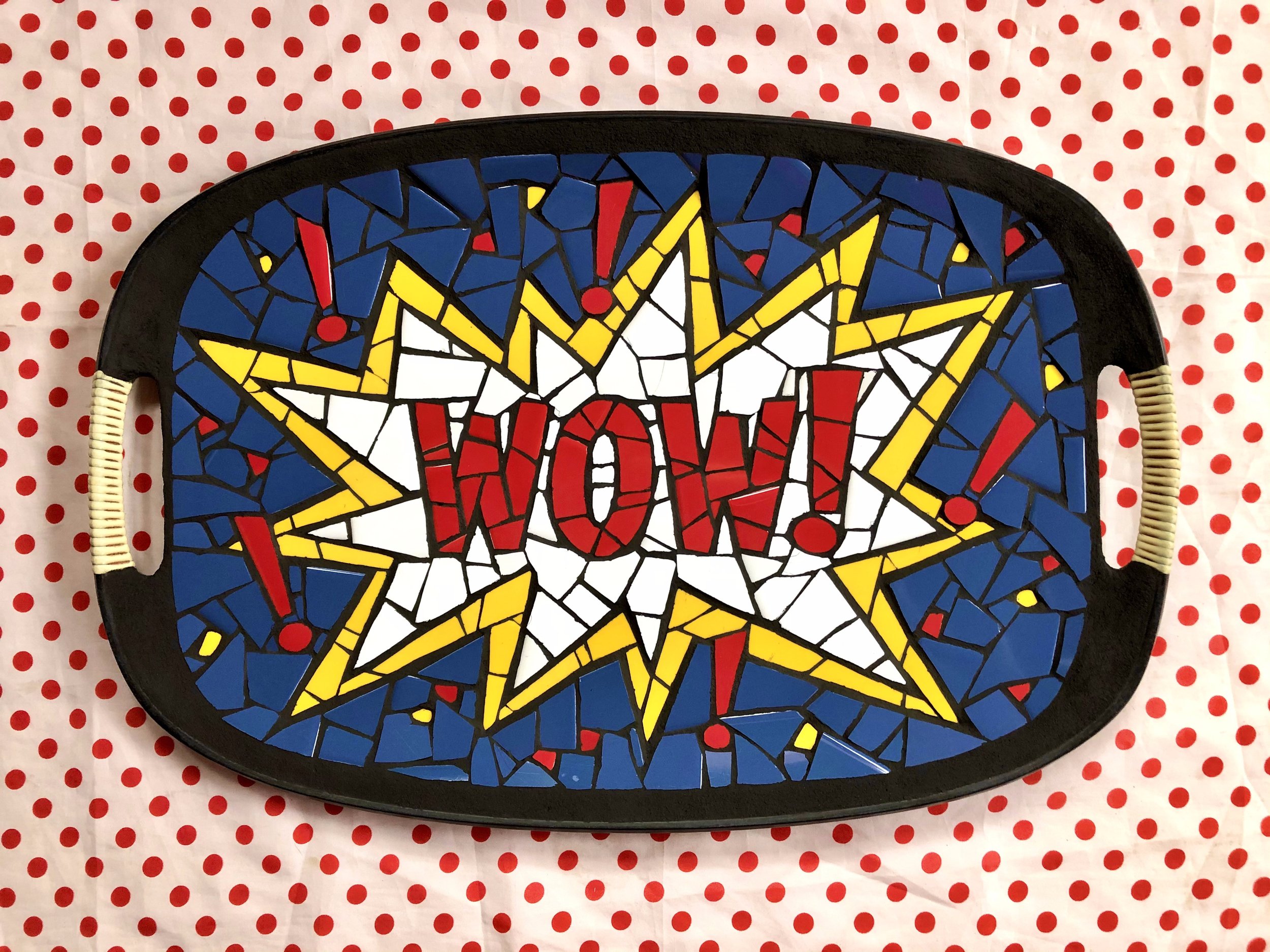 Pop art Wow. Ceramic tiles on Masonite tray. 18"x12". 2021