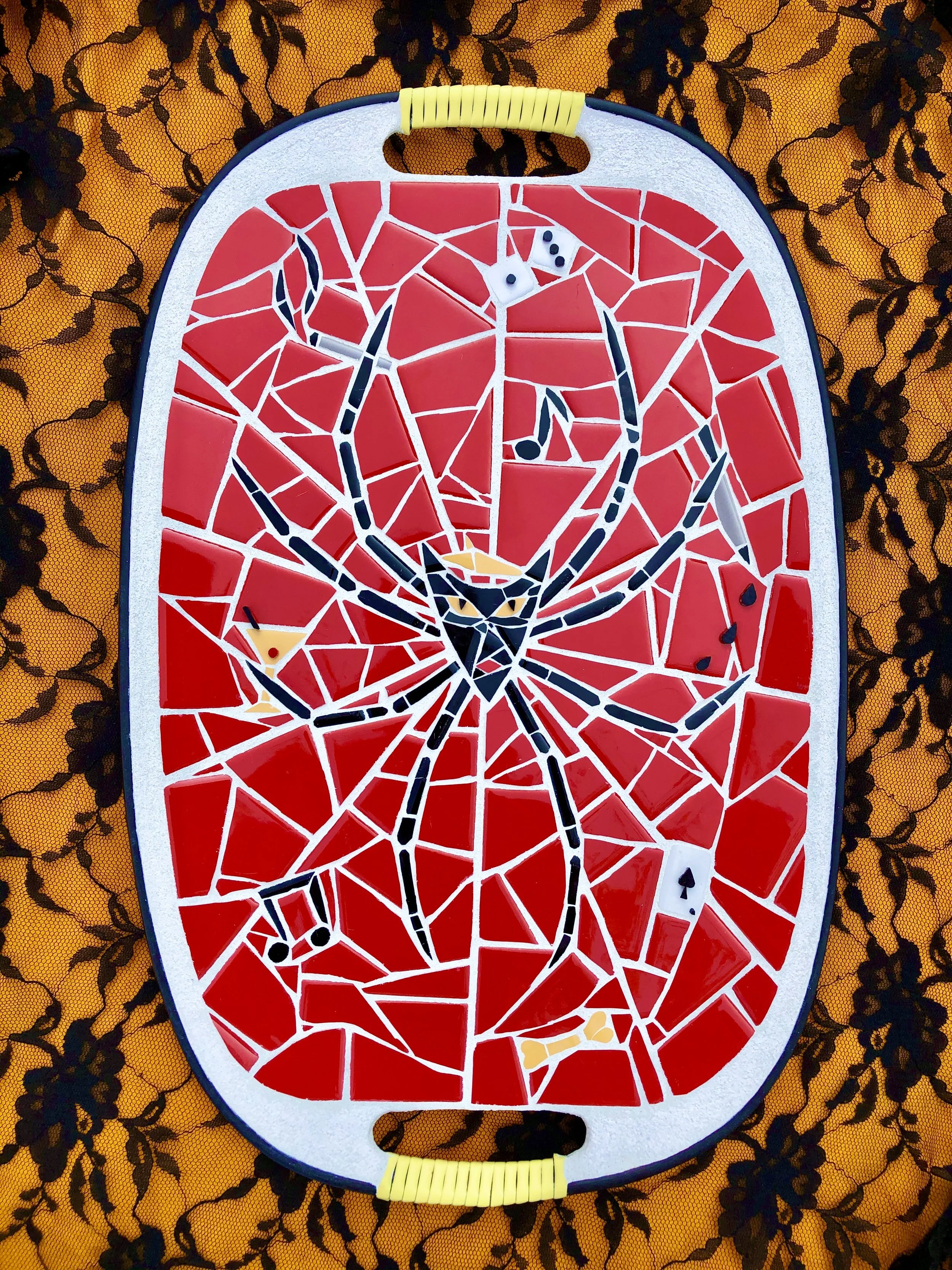 Spider web. Ceramic tiles on Masonite tray. 18"x12". 2020