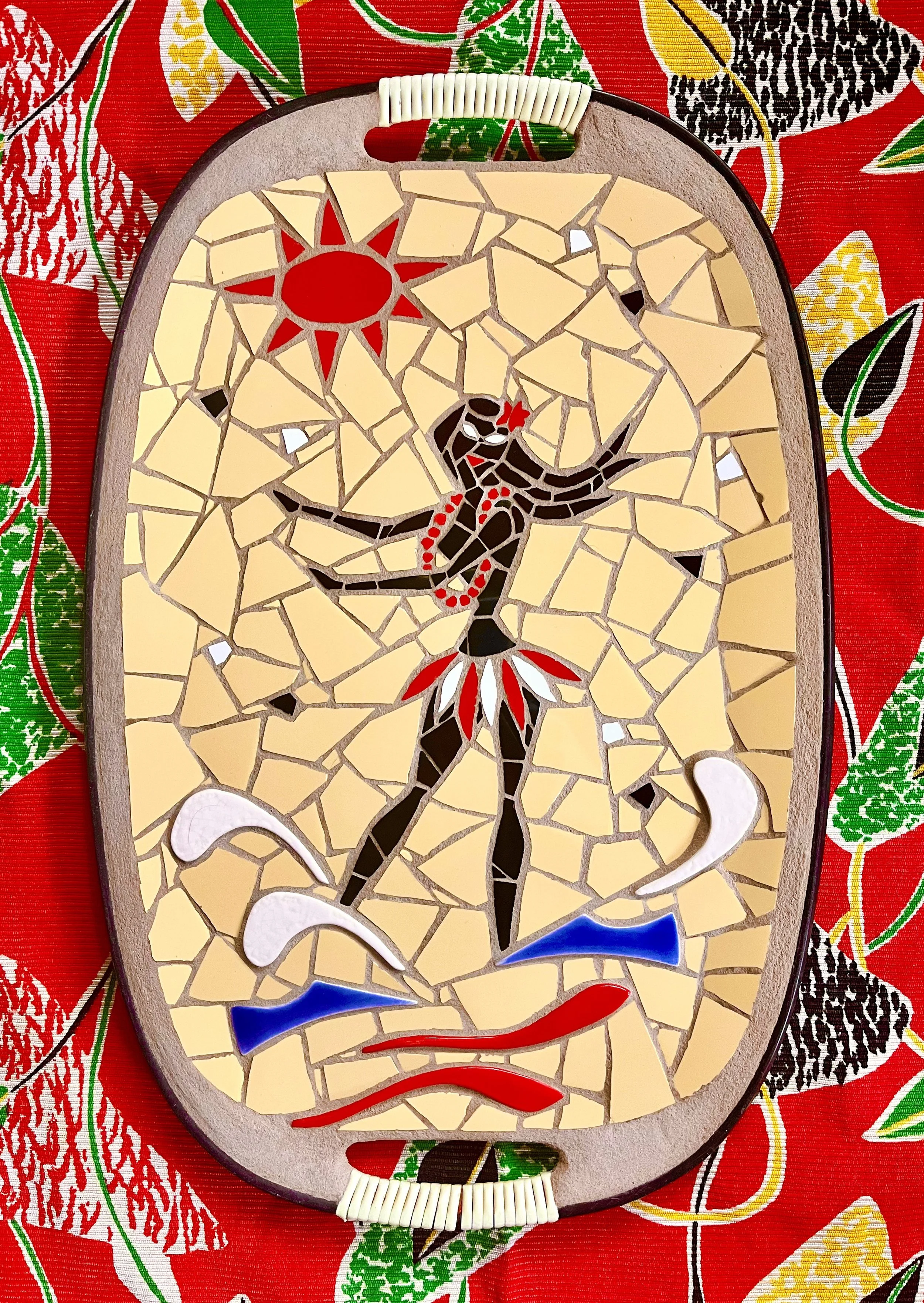 Hula girl. Ceramic tiles on Masonite tray. 18"x12". 2022