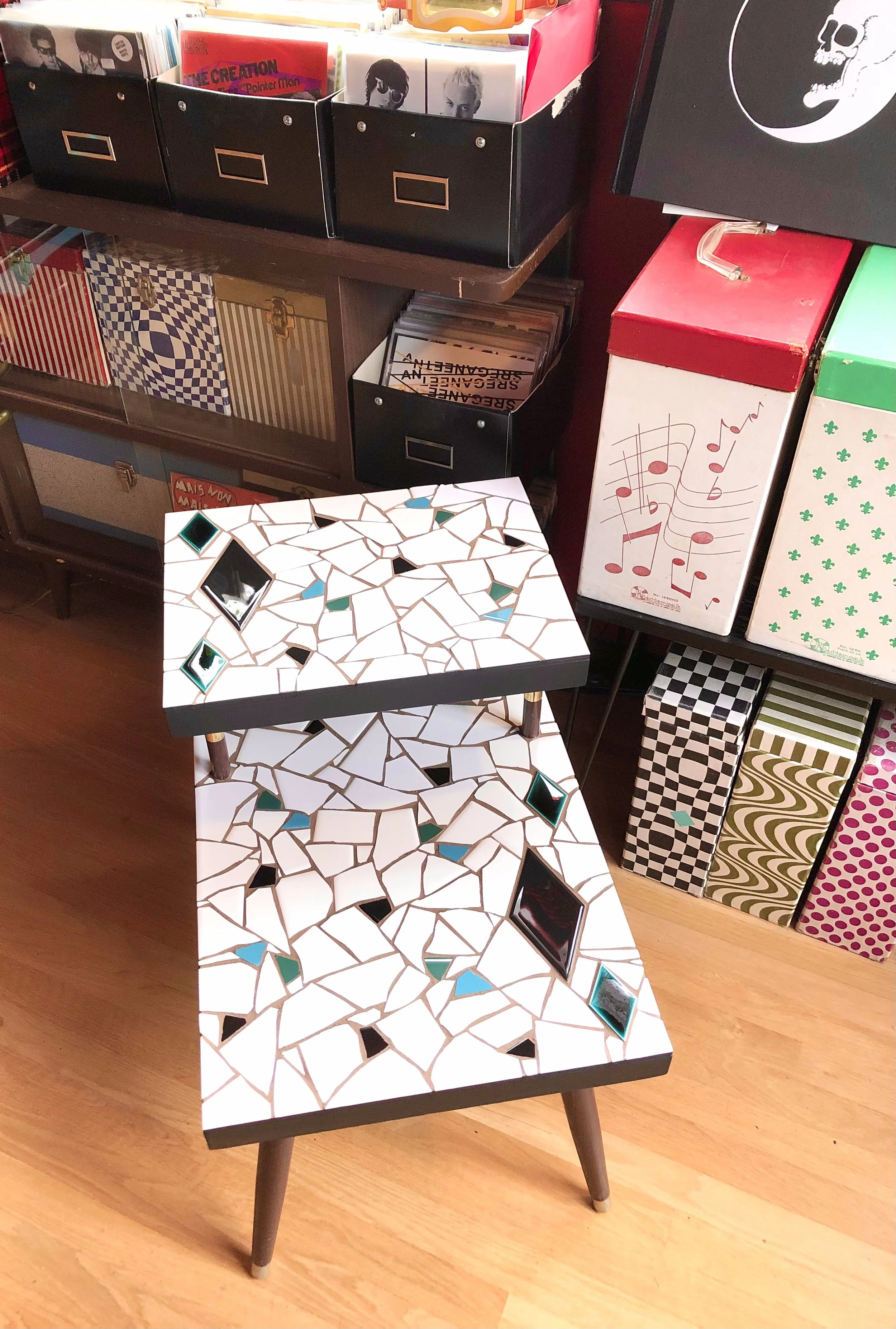 Diamond 2 tier table. Ceramic tiles on wood