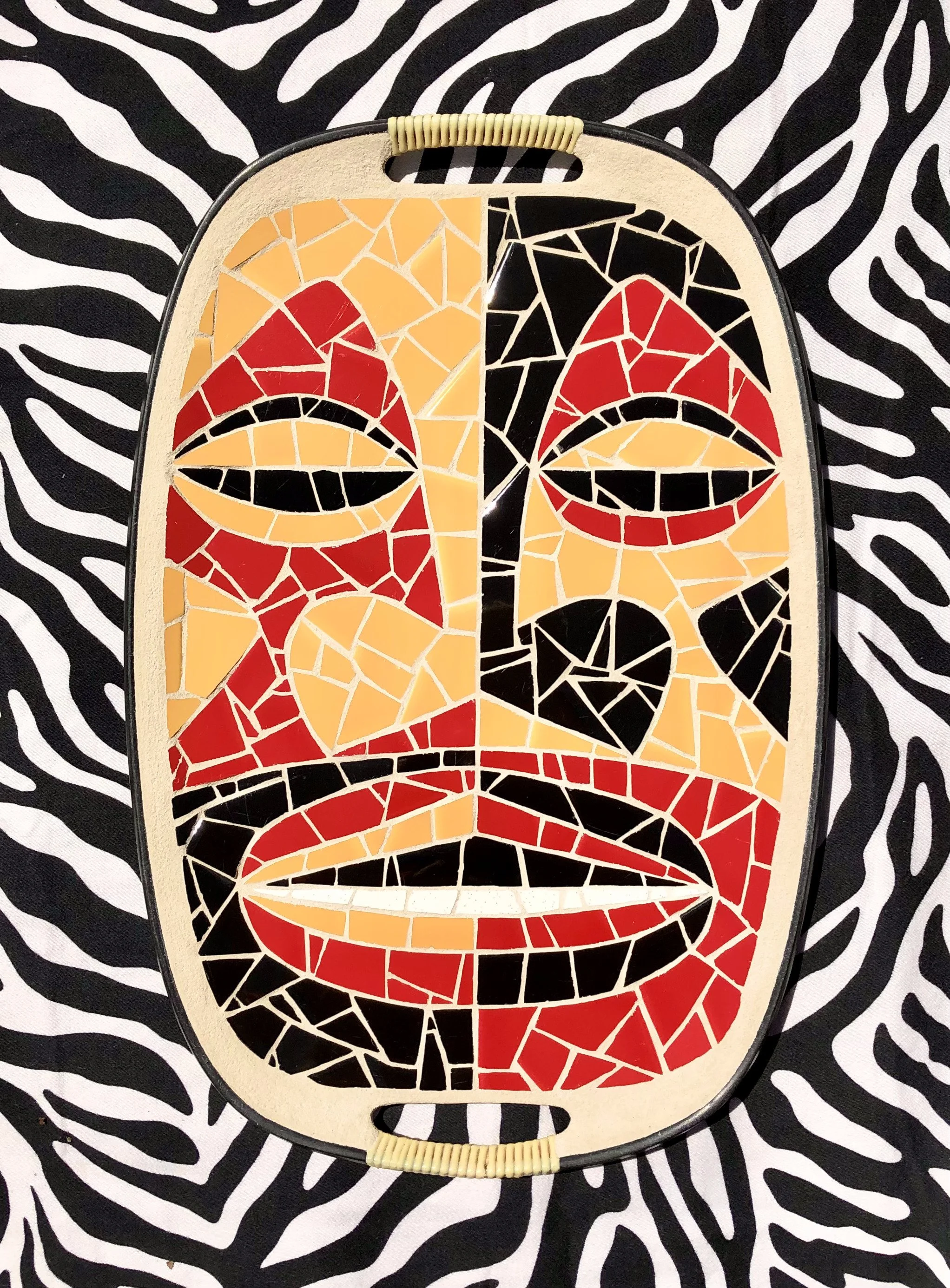 Tiki Modern. Ceramic tiles on Masonite tray. 18"x12". 2021