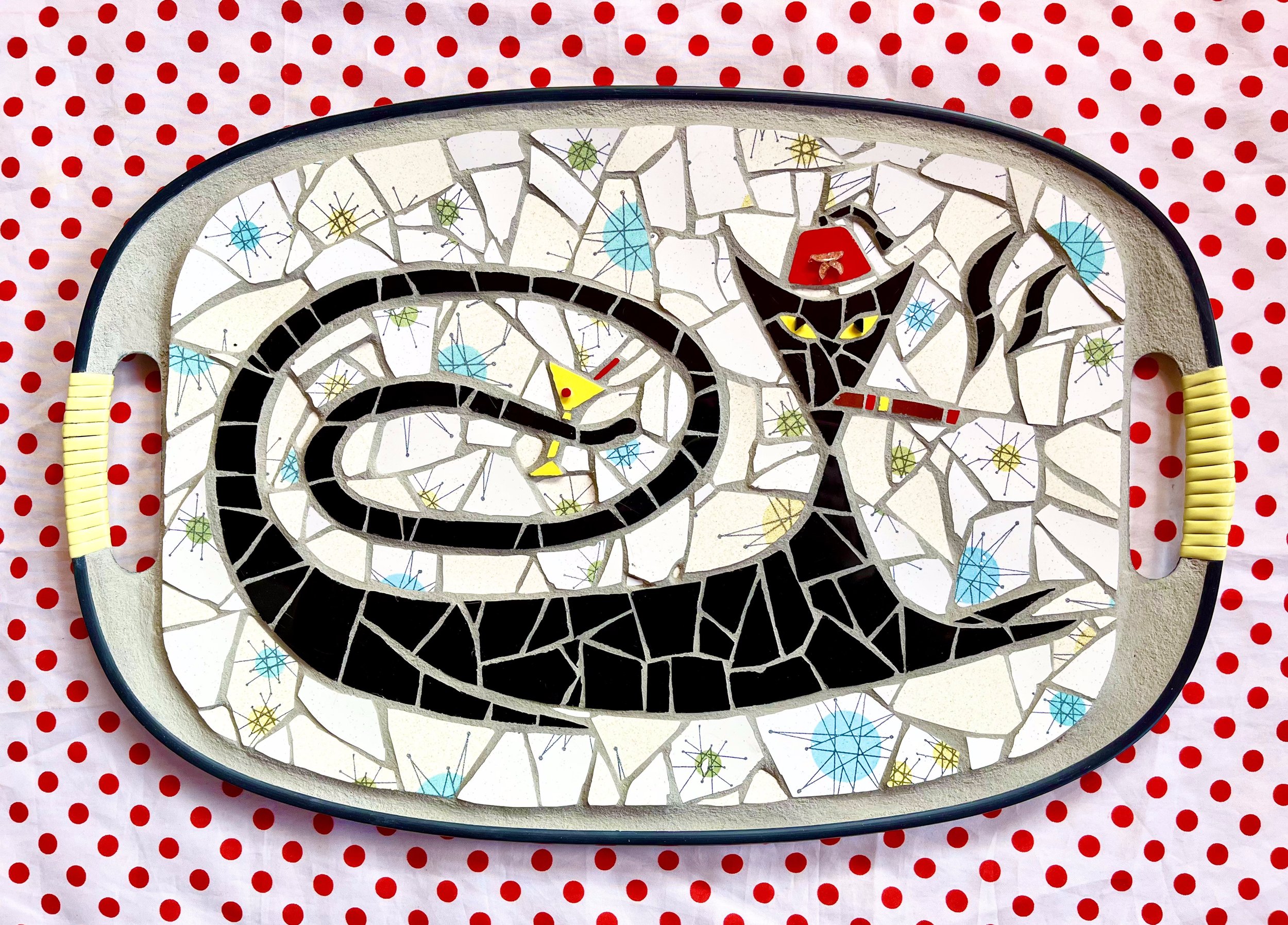 Fez cat. Ceramic tiles and plates on Masonite tray. 18"x12". 2022